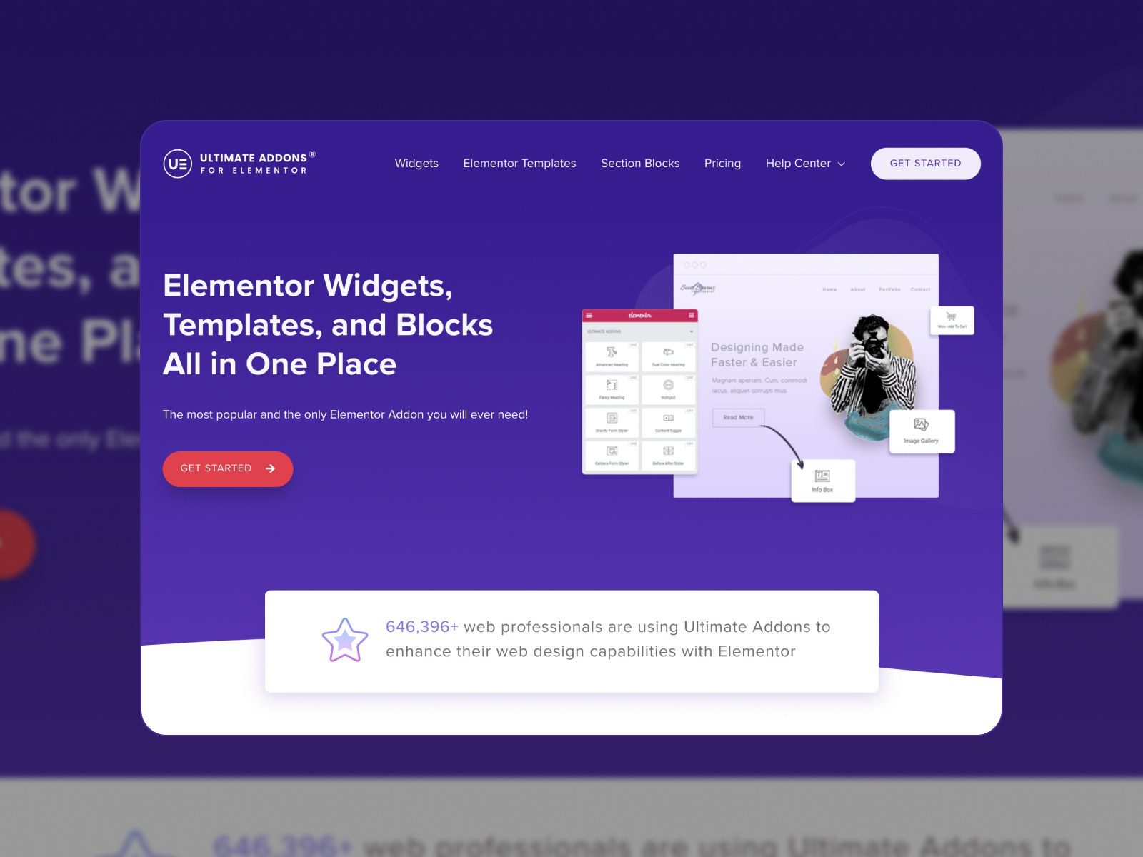Collage of the premium Ultimate Addons for Elementor homepage in violet and white colors.