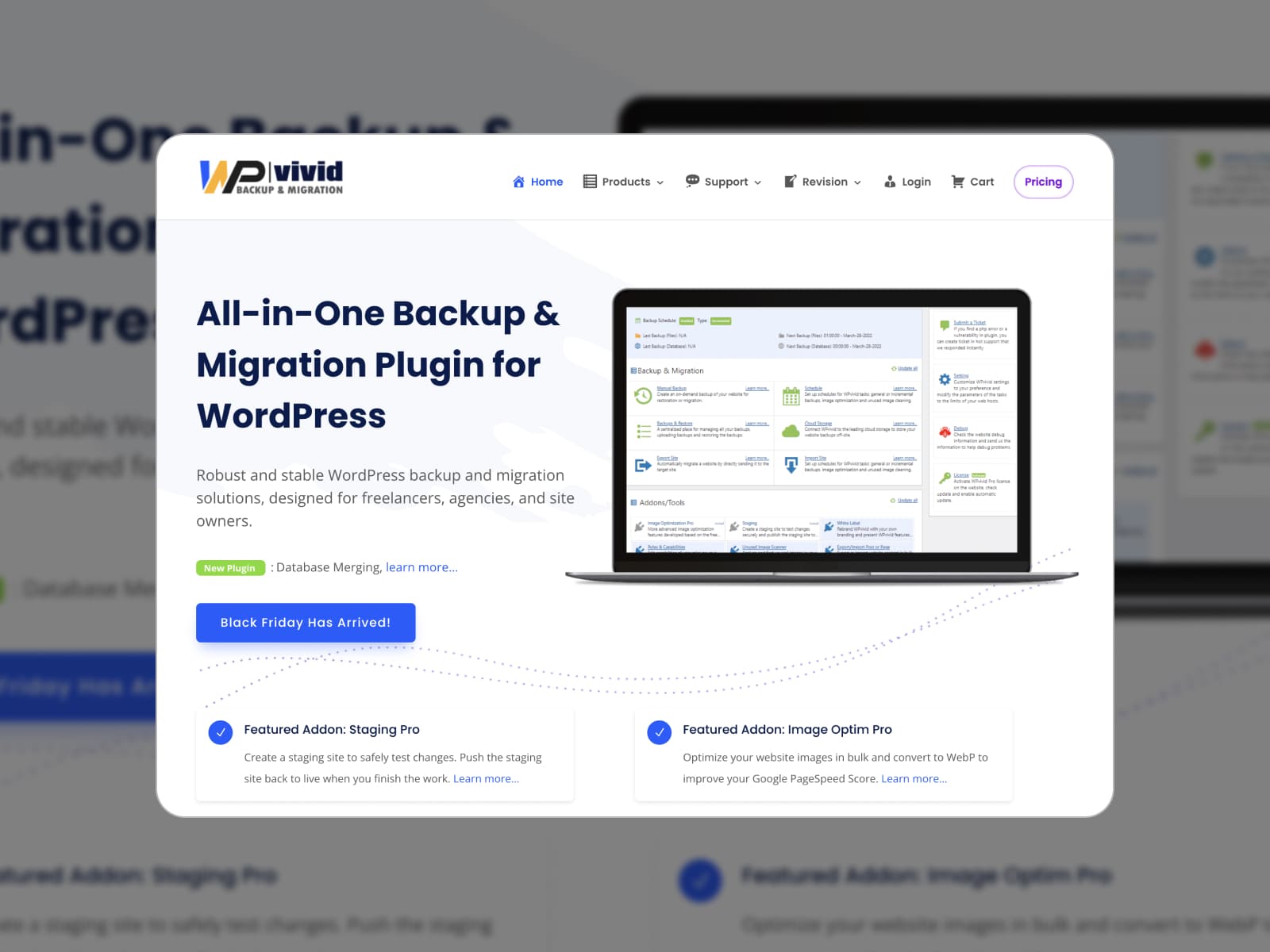 Collage of the WPvivid WordPress backup plugin homepage in white and blue colors.