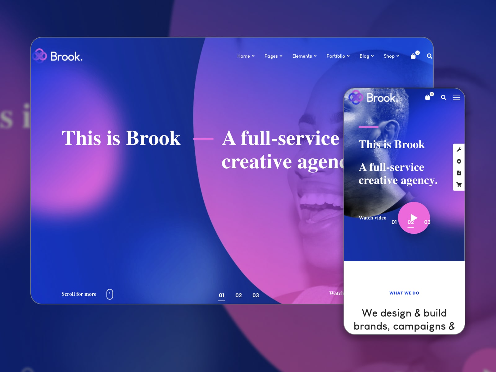 Collage of the Brook digital agency WordPress theme demo in blue, violet and white colors.