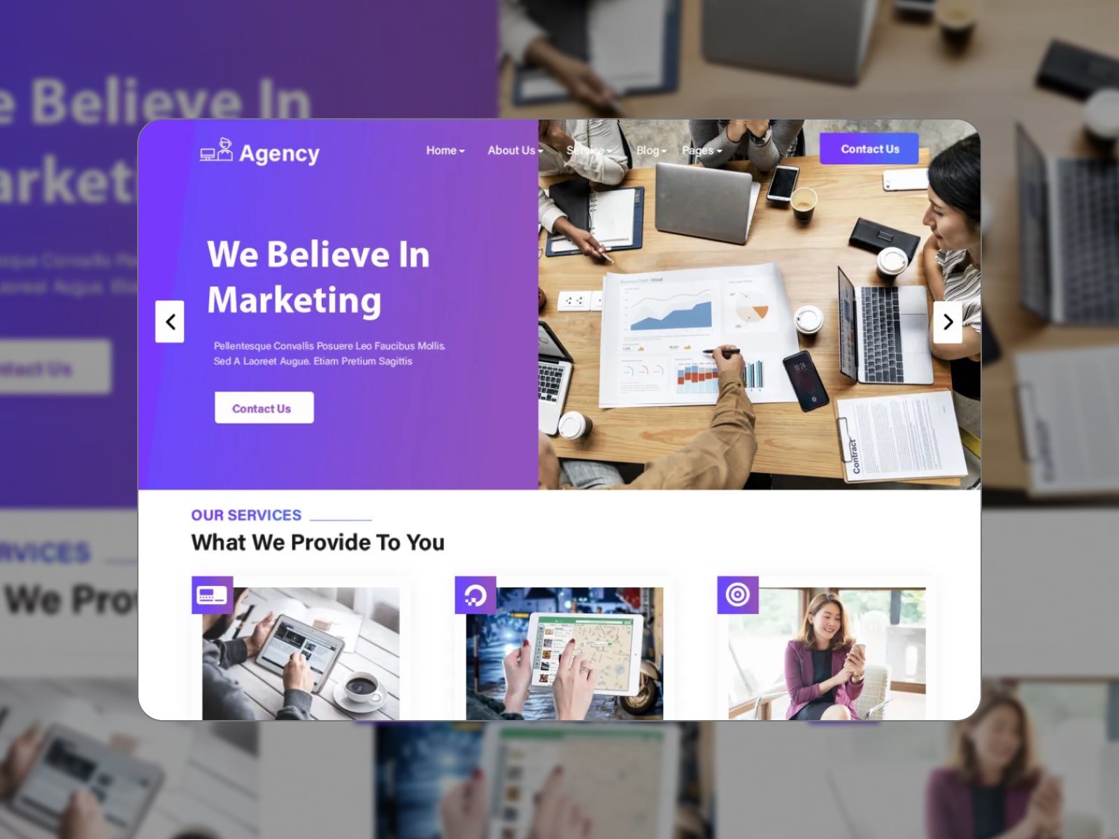 Collage of the demo website of the Digital Marketing Agency template in violet and white colors.