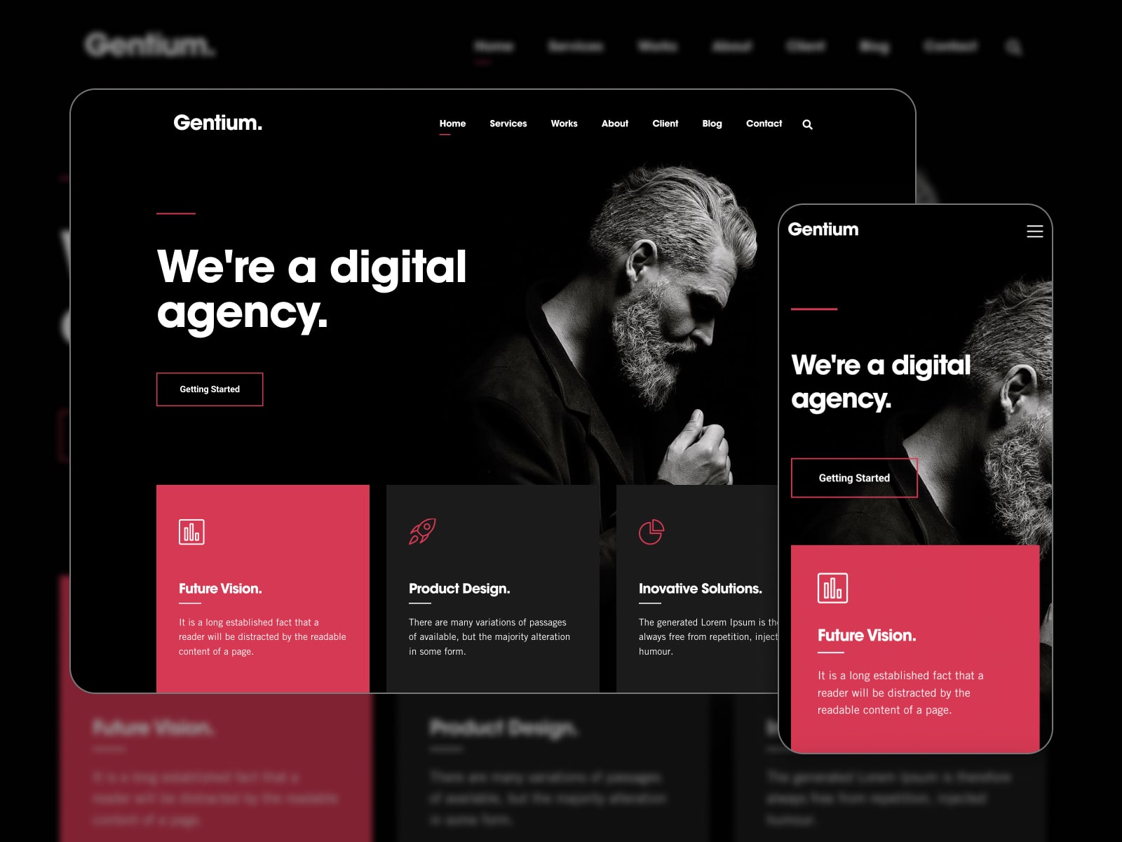 Collage of the Gentium digital agency theme demo in the dark mode.