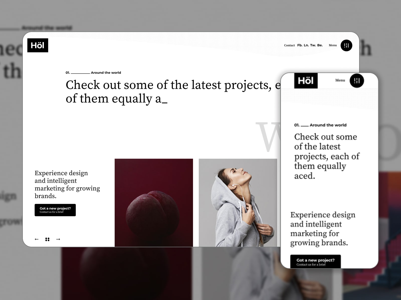 Collage of the Holmes agency theme for WordPress websites in white, black and grey colors.