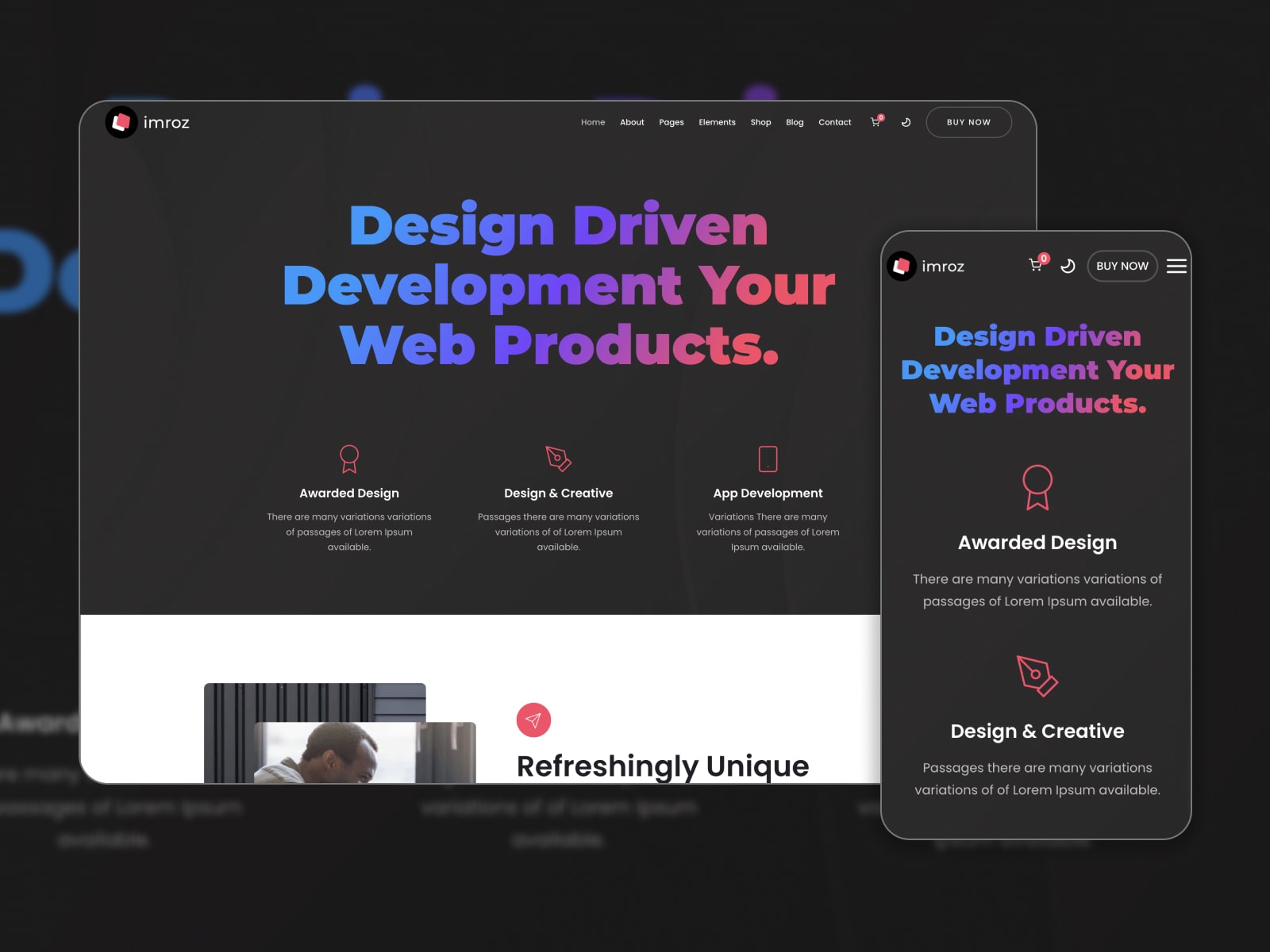 Collage of the Imroz digital agency WordPress theme demo page.