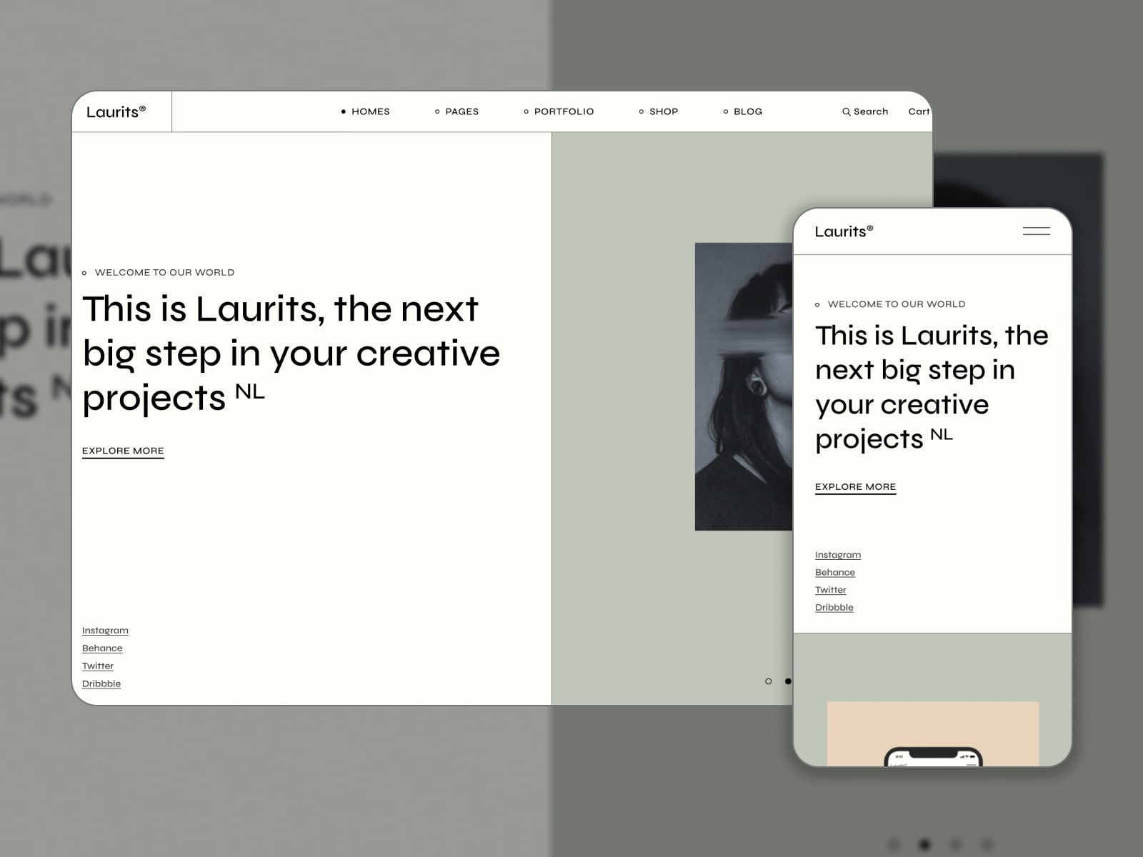 Collage of the Laurits theme for WordPress agency websites in white and grey colors.