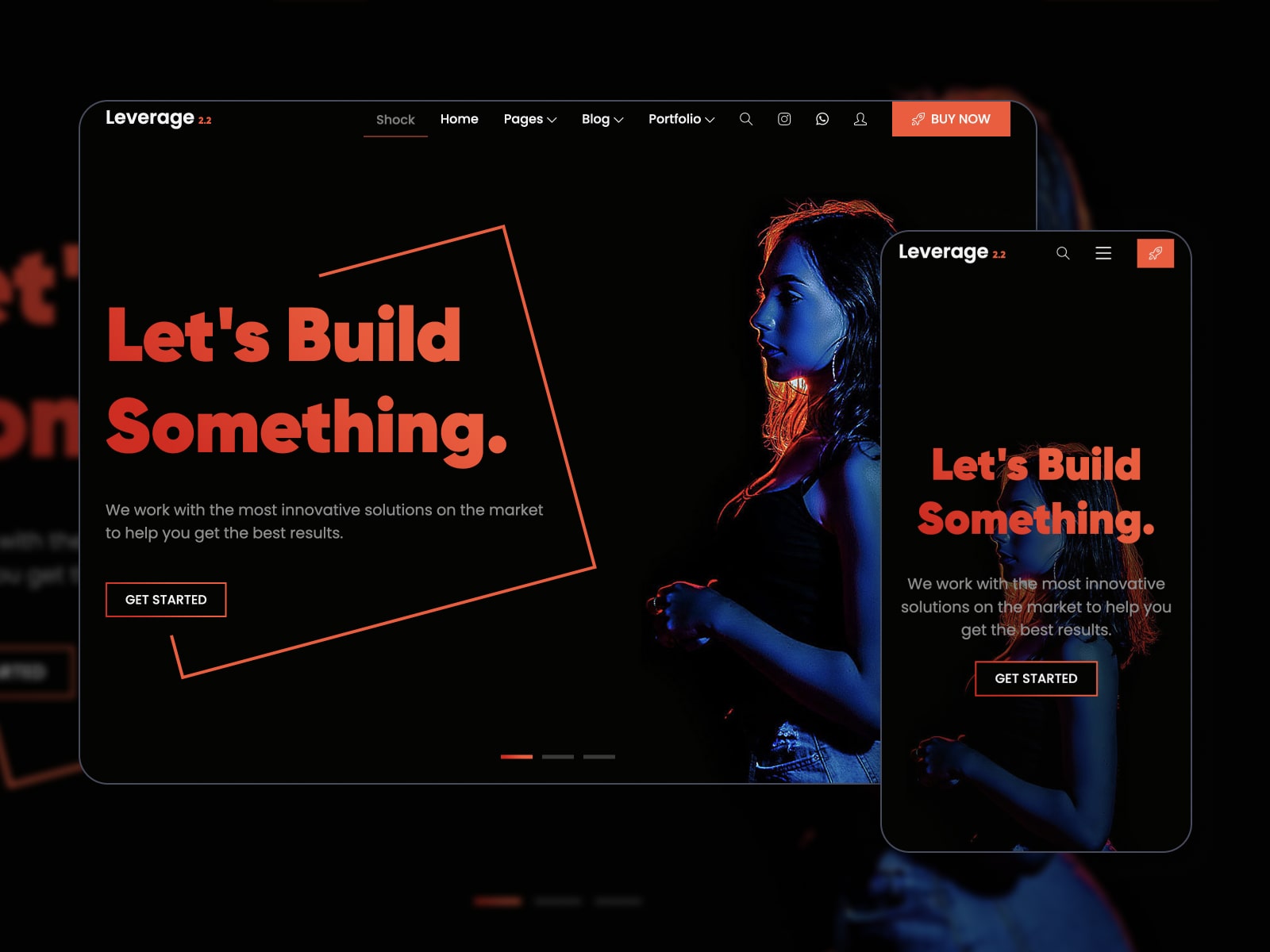 Collage of the Leverage theme for a creative digital agency website in the dark mode.