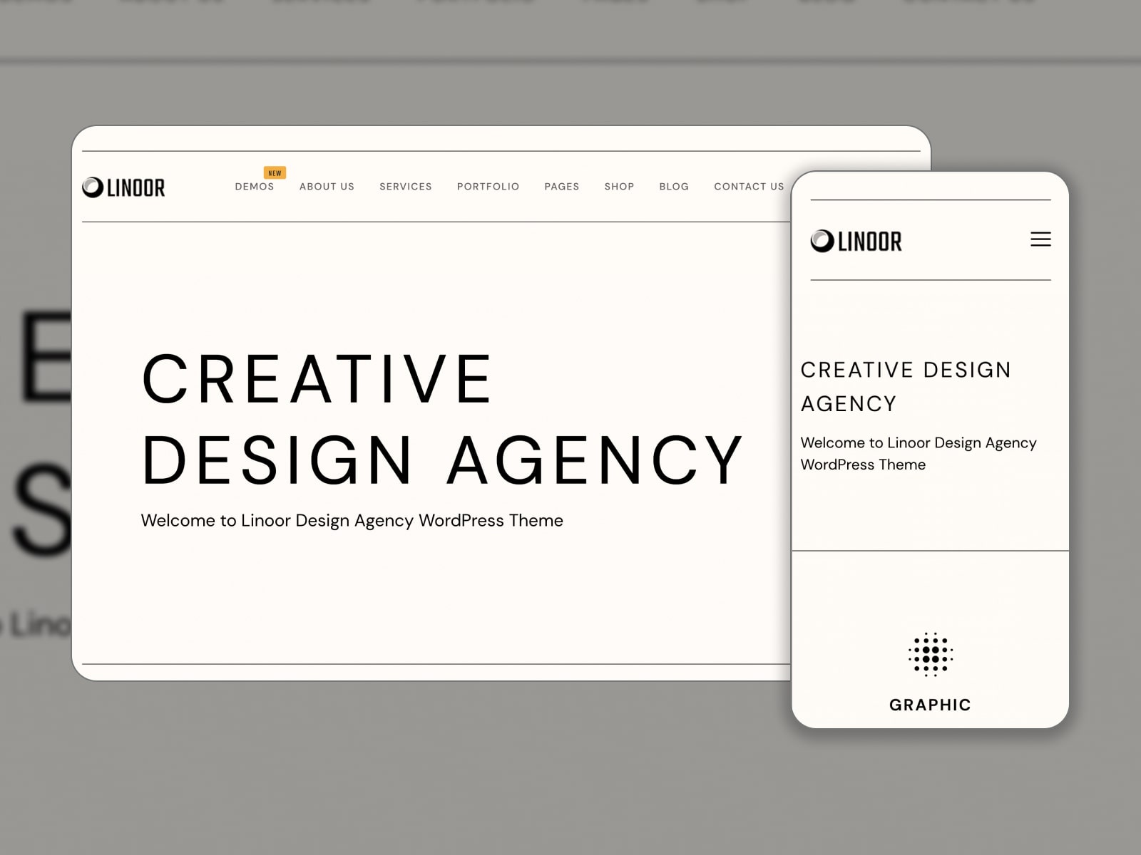 Collage of the Linoor WordPress digital agency theme in light mode.