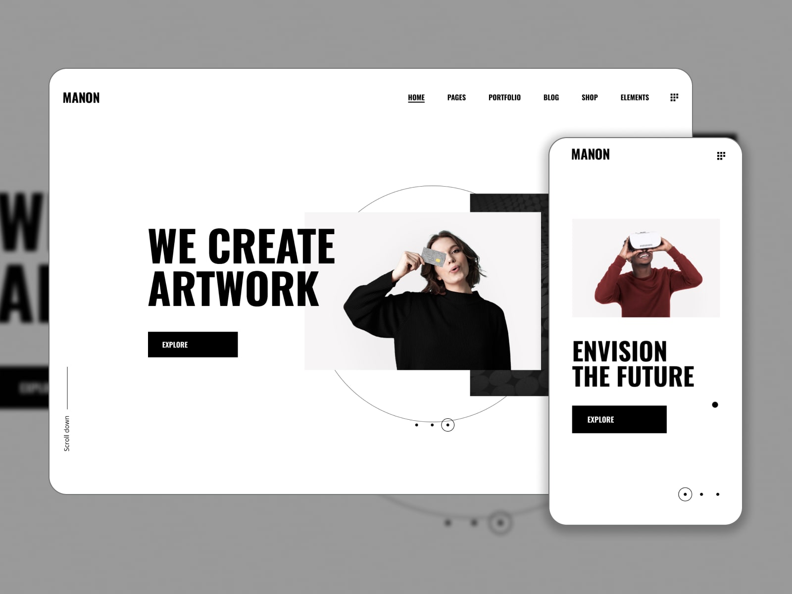 Collage of the WordPress digital agency Manon theme in white and black colors.
