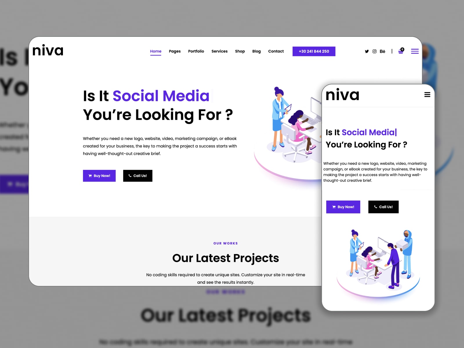 Collage of the Niva theme for agency websites in white, violet and black colors.