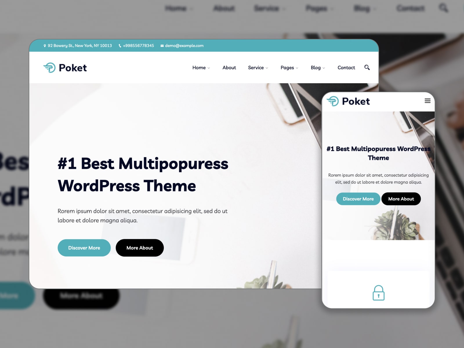 Collage of the Poket agency theme for WordPress agency websites in white and blue colors.