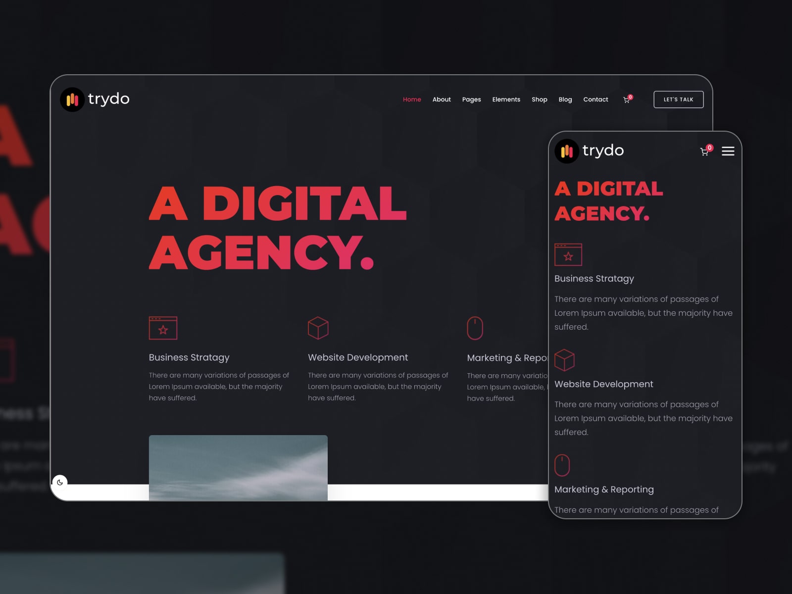 Collage of the Trydo theme demo website for a digital agency in the dark version.