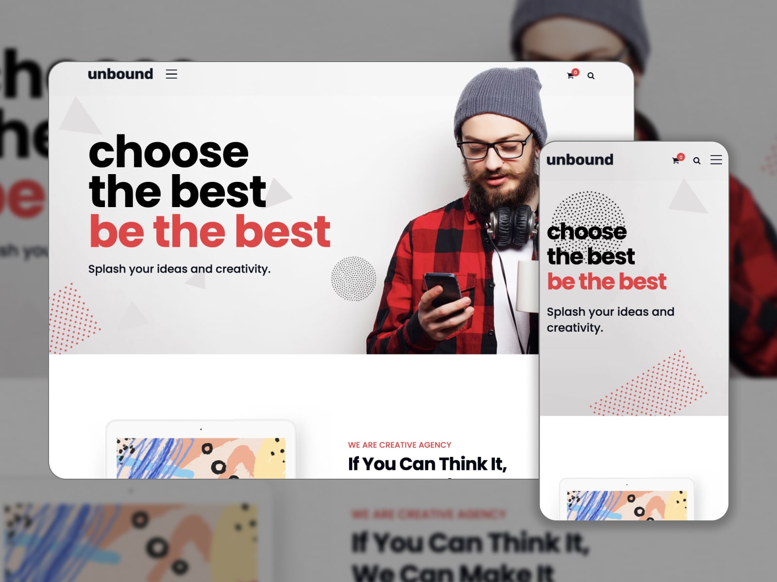 Collage of the digital agency Unbound theme for WordPress websites.