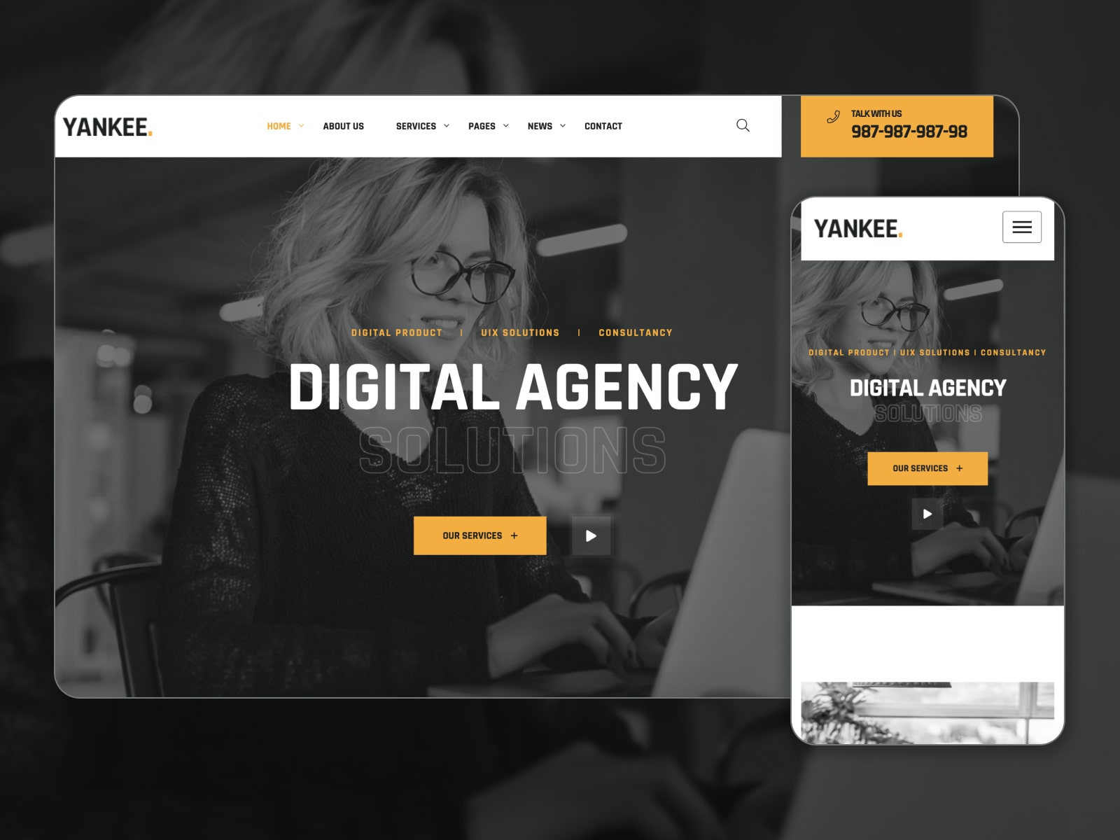 Collage of the Yankee digital agency demo website in the dark mode.
