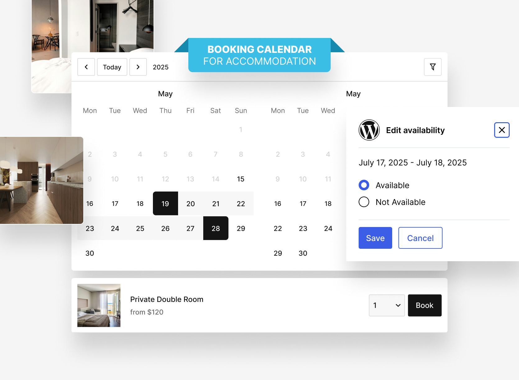 Collage of the MotoPress Booking Calendar WordPress plugin for accommodation.