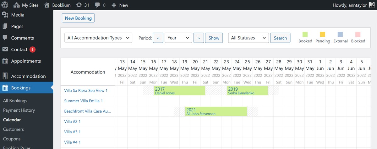 The bookings calendar with names added to the color-coded bookings.