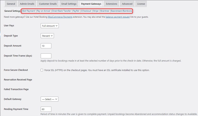 Screenshot of the MotoPress hotel booking plugin payment gateways.