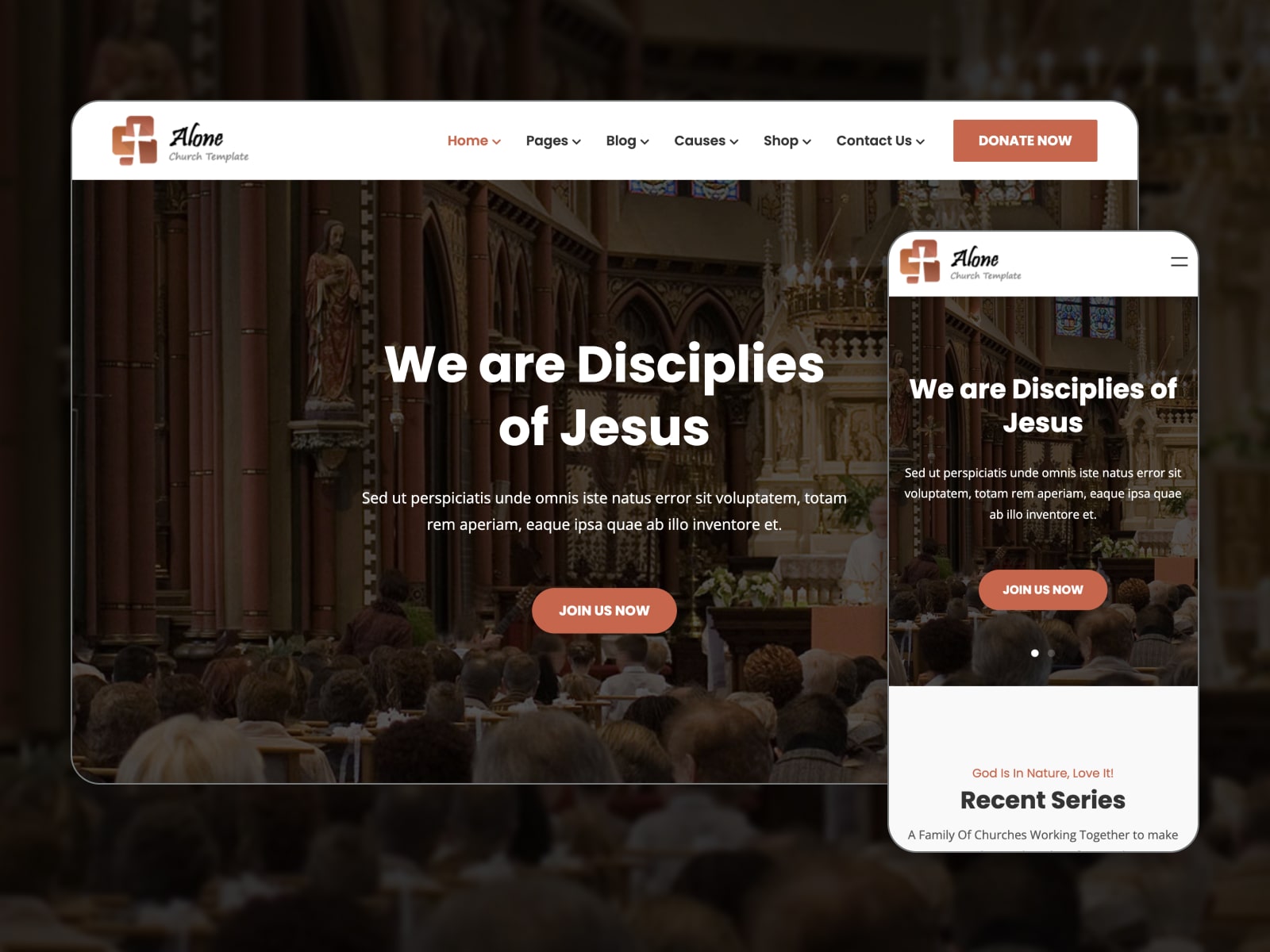Collage of the Alone churches WordPress theme demo page in dark brown, brown and white colors.