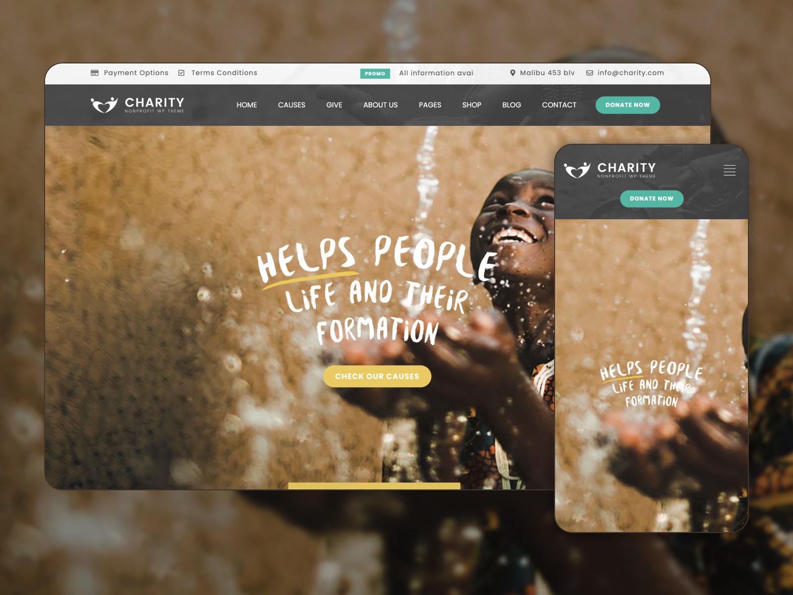 Collage of the Charity foundation WordPress theme demo website in brown and white colors.