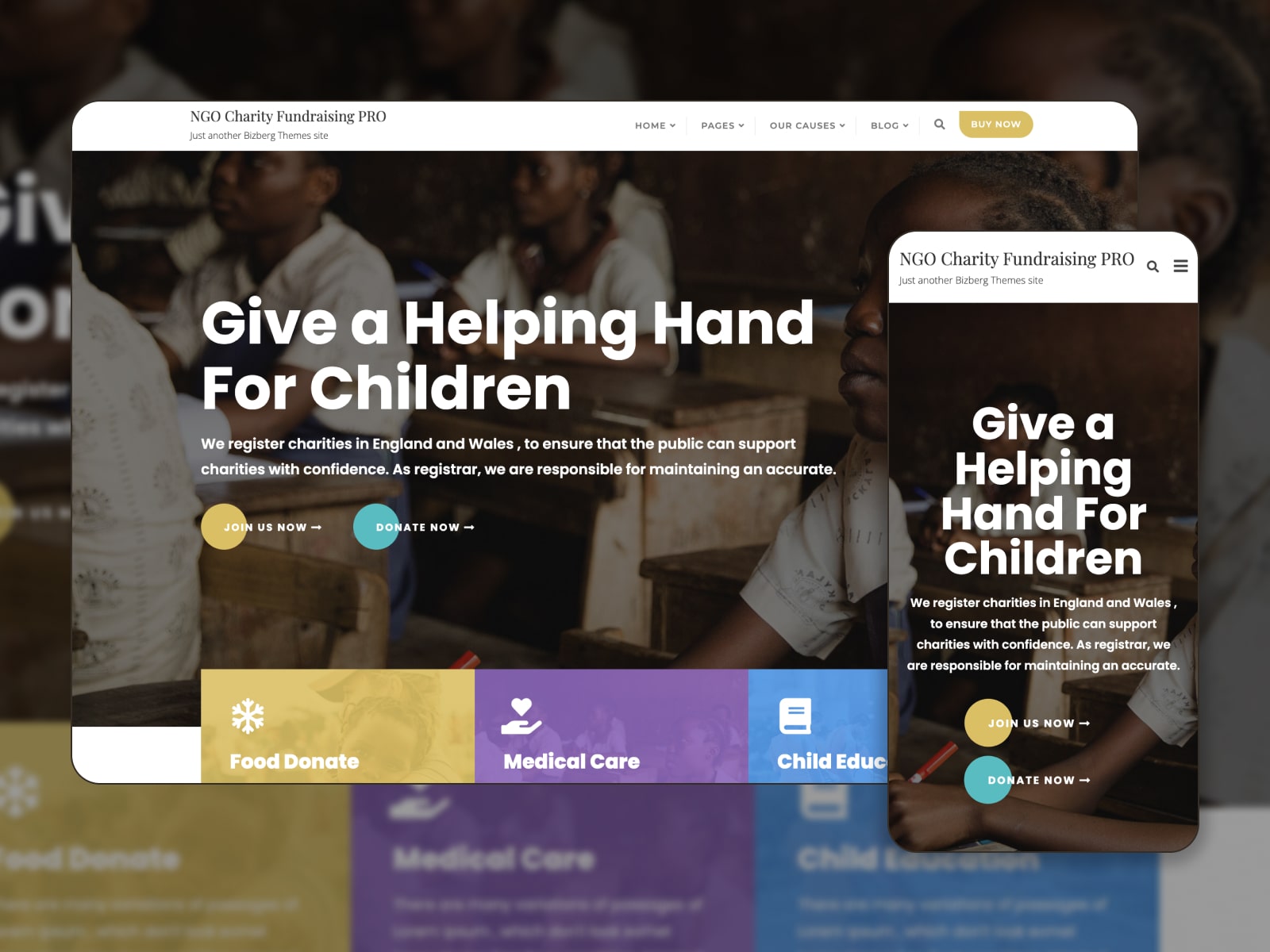 Collage of the Clean Charity free theme for WordPress church websites.