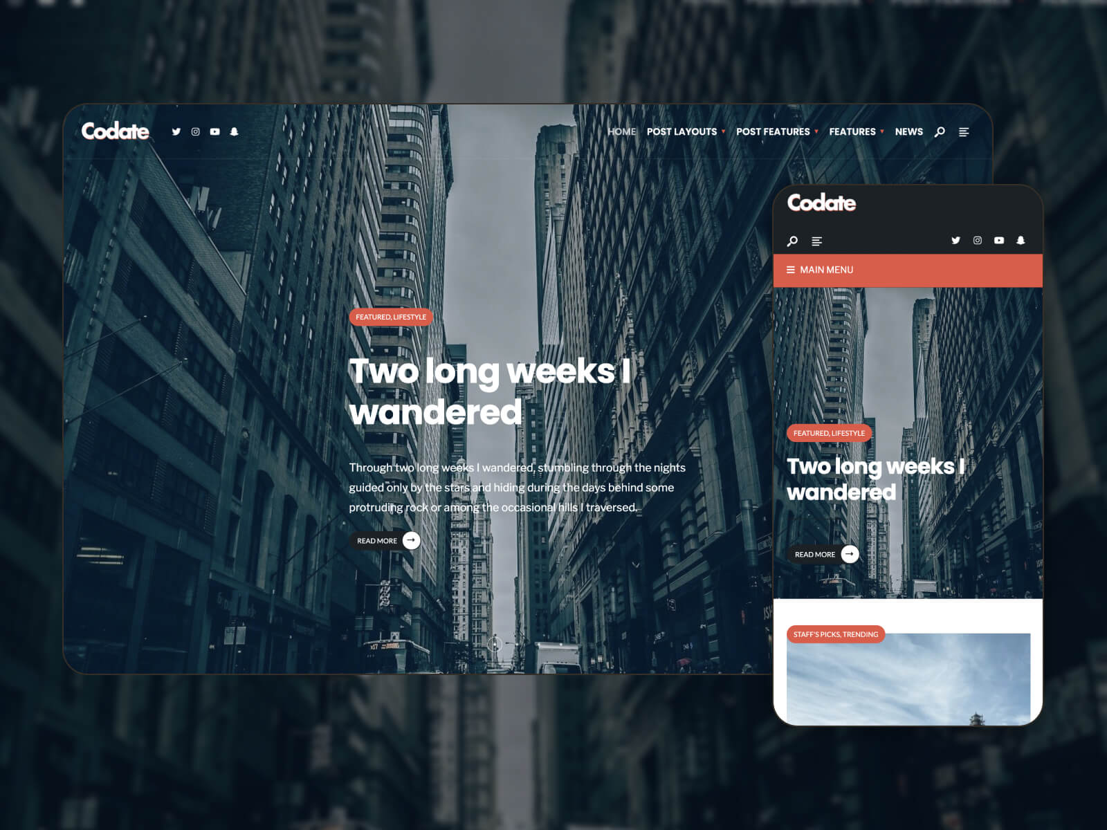 Collage of the Codate WordPress theme in a modern and sophisticated dark and red color scheme.