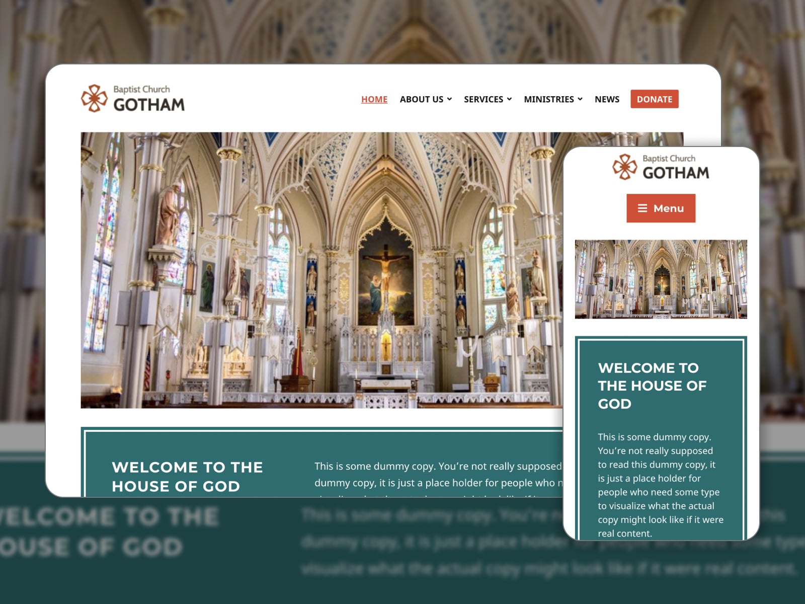 Collage of the Endurance free churches WordPress theme demo site.