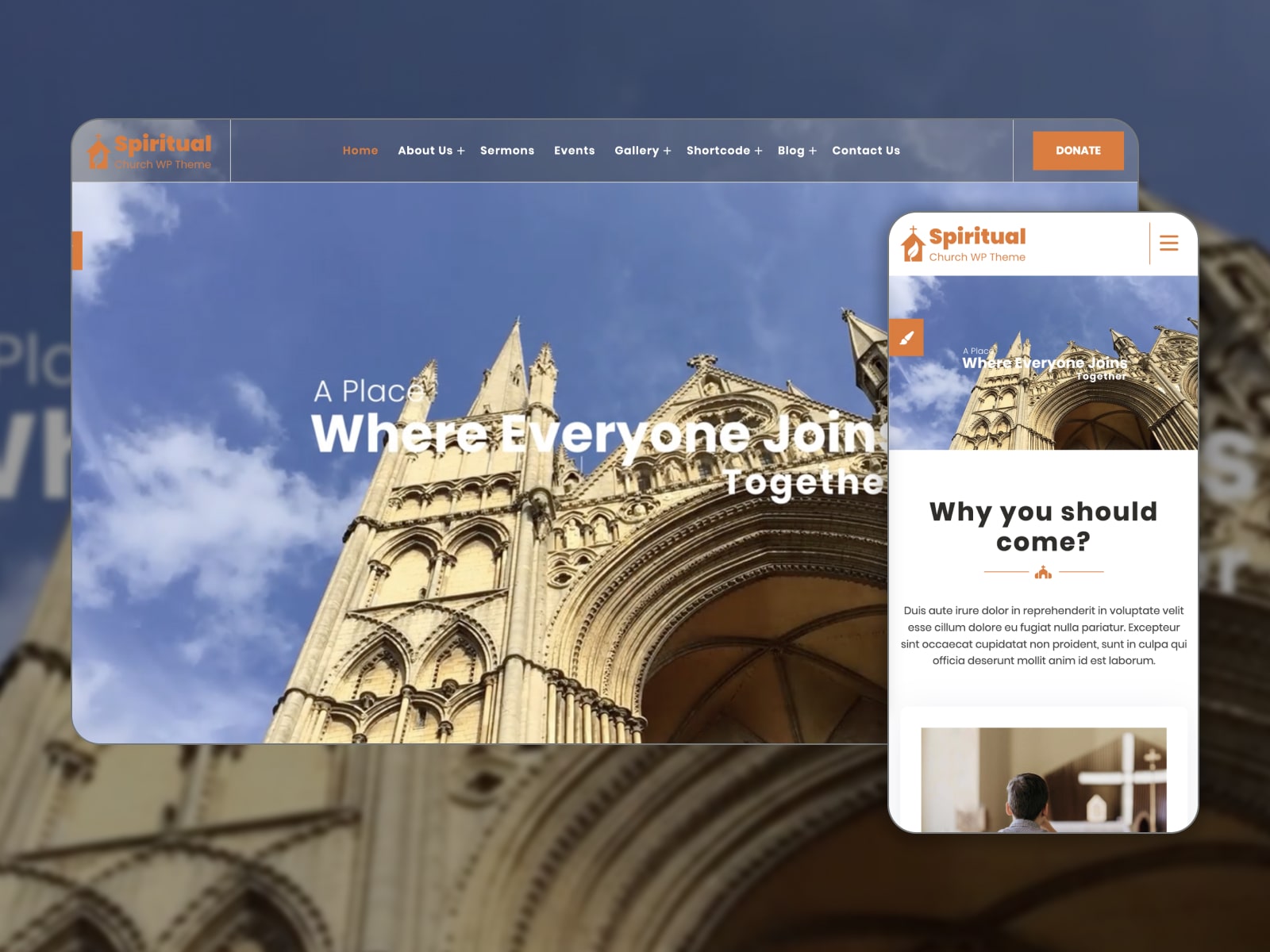 Collage of the FSE Spiritual free theme for WordPress churches sites.