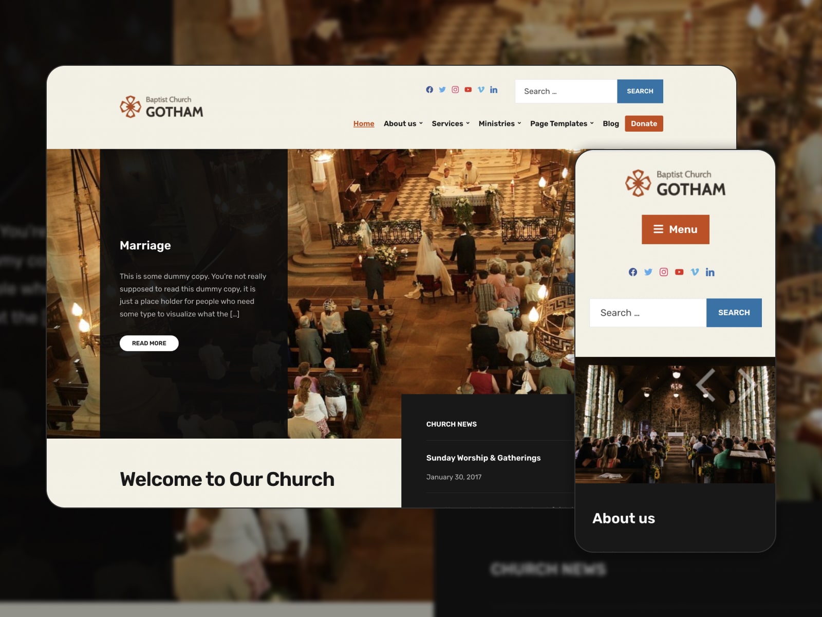 Collage of the free Faith churches WordPress themes demo page in brown, dark brown and white colors.