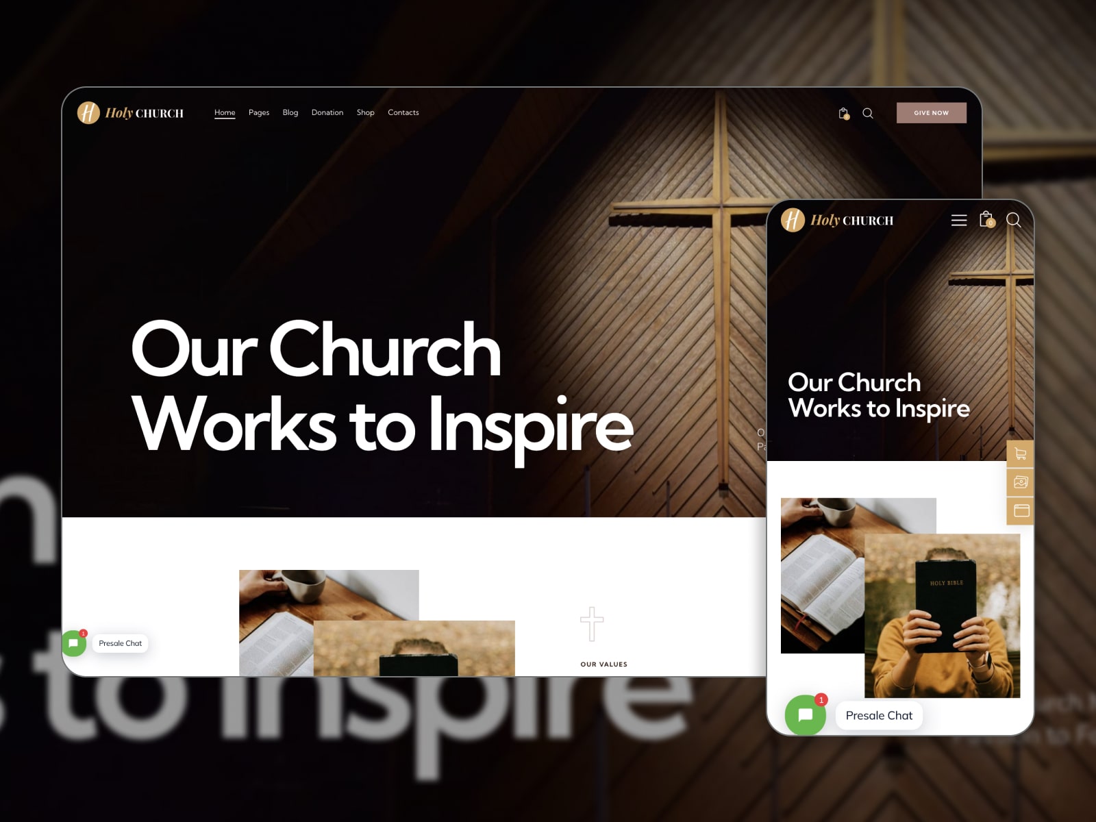 Collage of the Hole Church WordPress theme in brown, black and white colors.