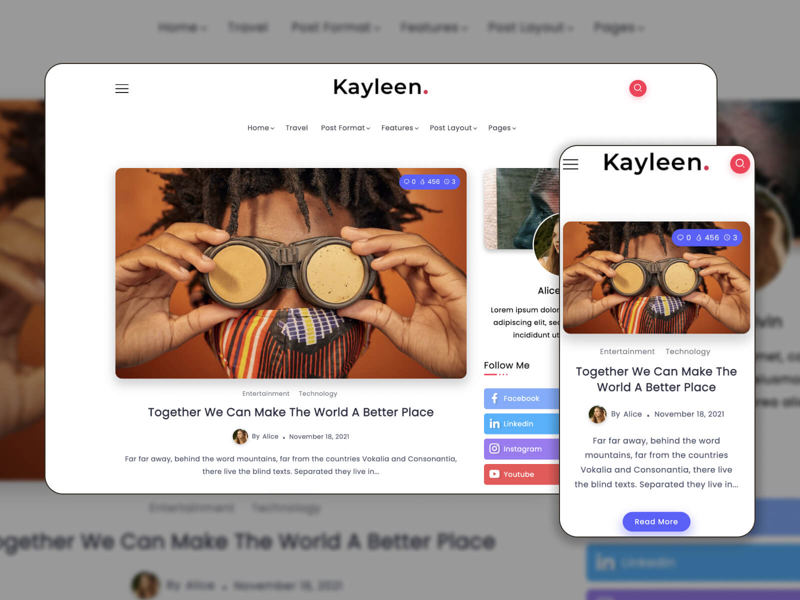 Screenshot of the Kayleen one of the best Elementor blog templates in a light color scheme.