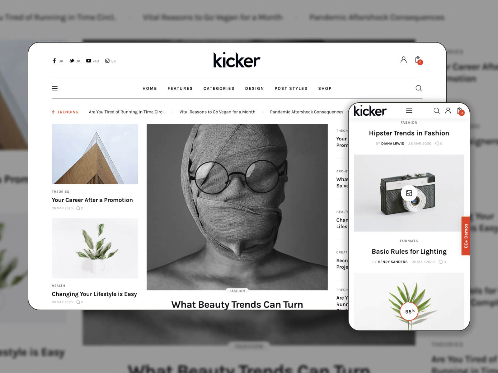 Collage of the Kicker WordPress theme demo page in a light color scheme.