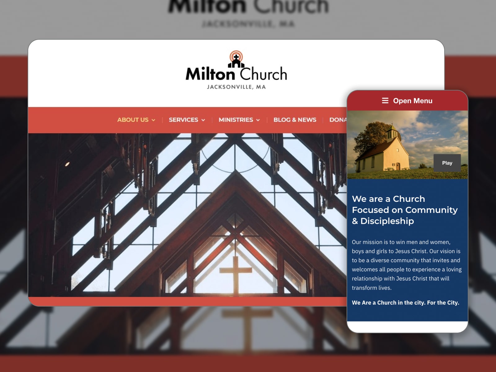 Collage of the Milton Lite free WordPress theme demo site in red, white and dark blue colors.