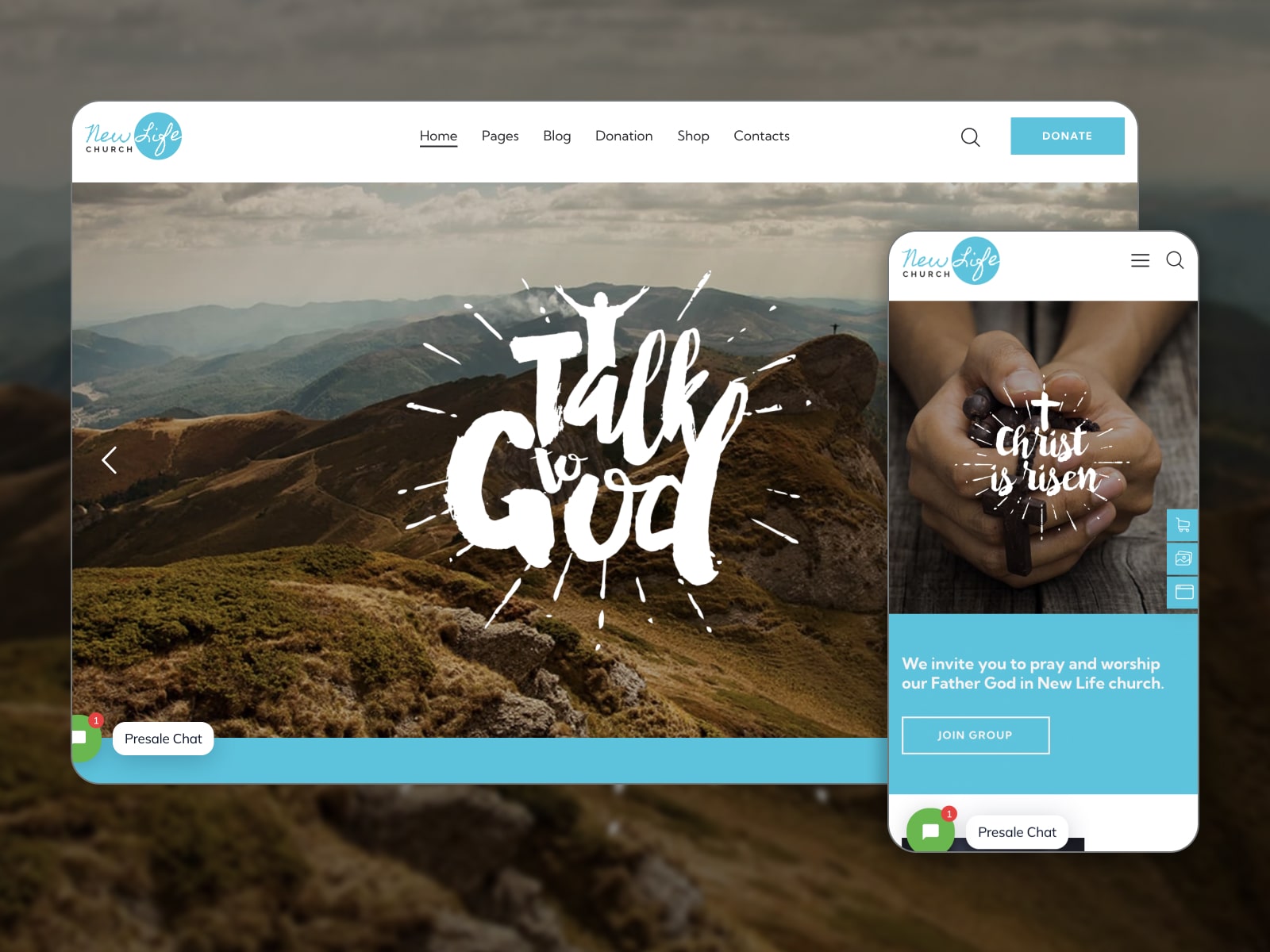 Collage of the New Life premium church theme in brown, blue and white colors.