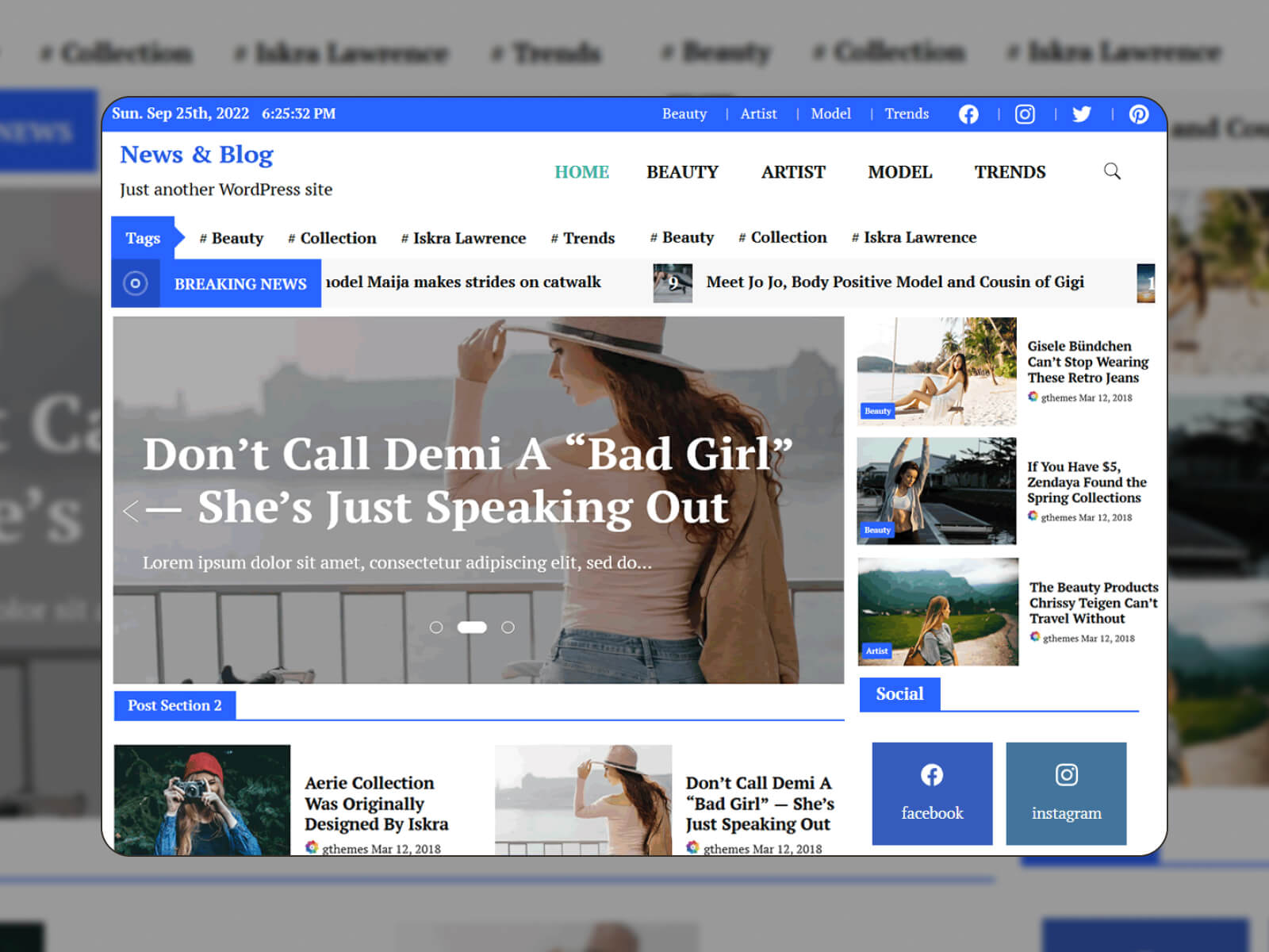 Collage of the News Blog demo page in a blue and white color scheme.
