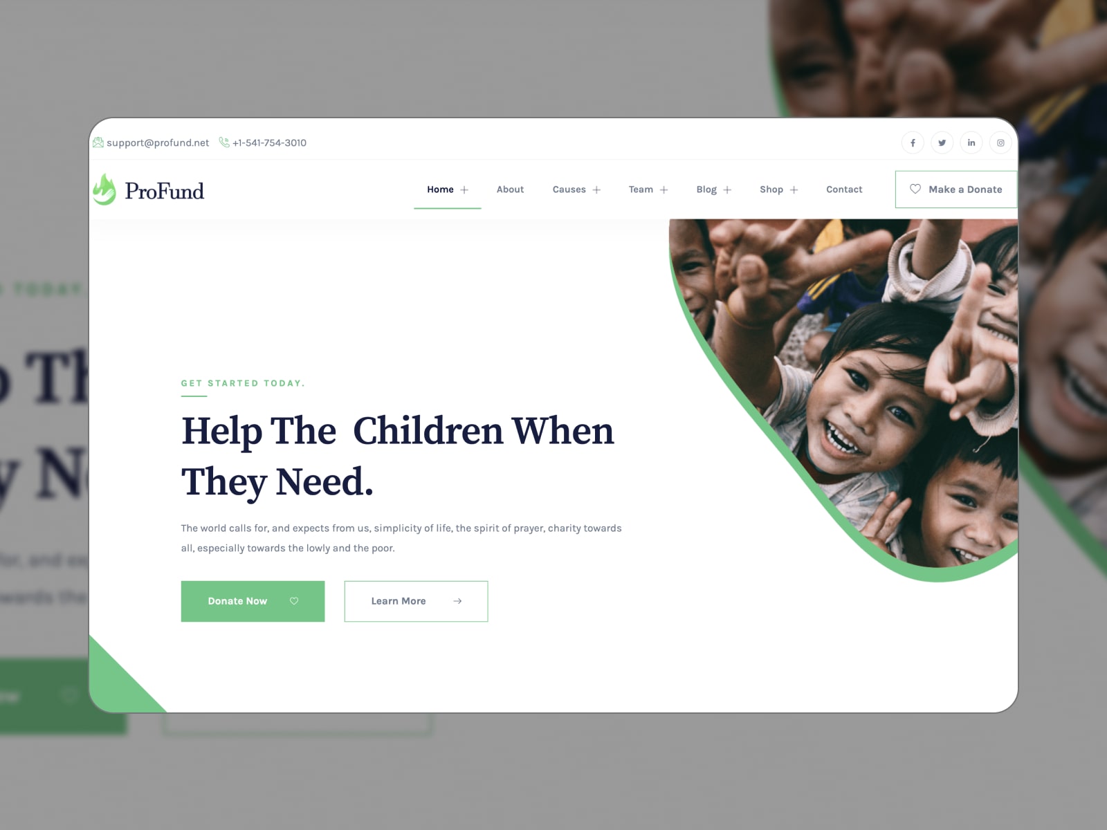 Collage of the ProFund nonprofit WordPress theme demo site in white and green colors.
