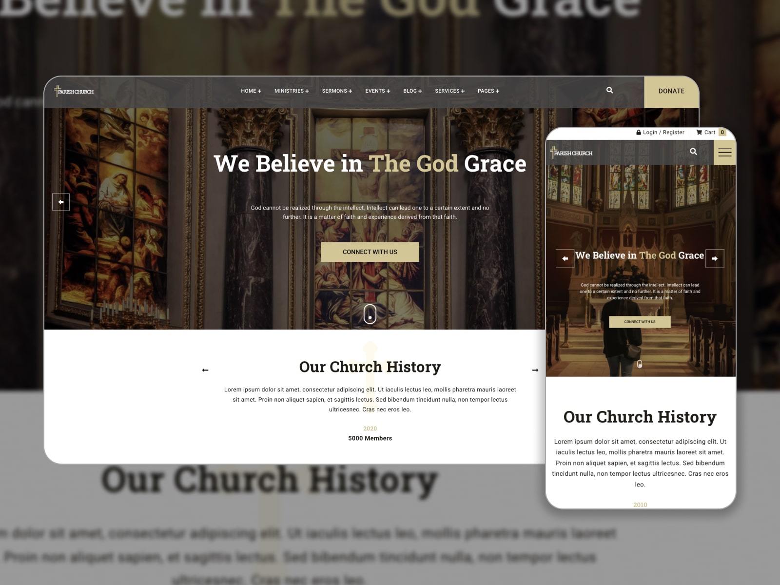 Collage of the Parish churches theme for WordPress websites in dark brown and white colors.