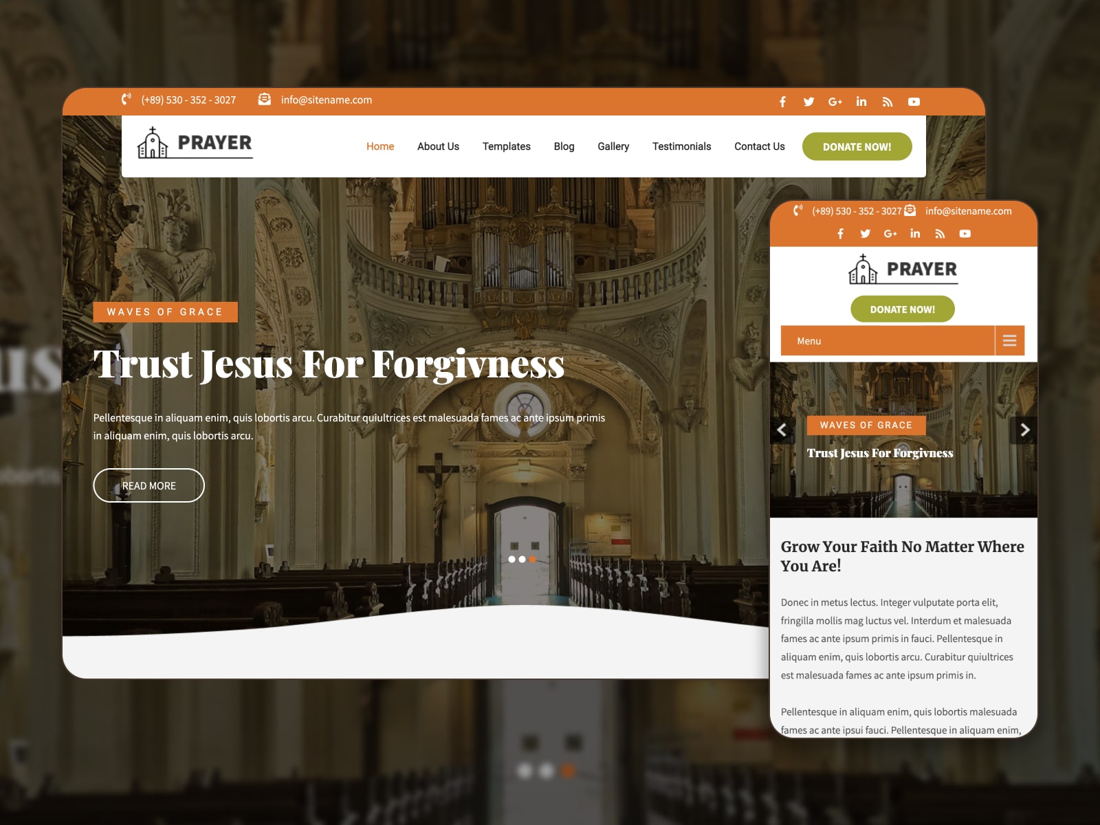 Collage of a free churches WordPress website built with the Prayer Lite WordPress theme in brown, orange and white colors.