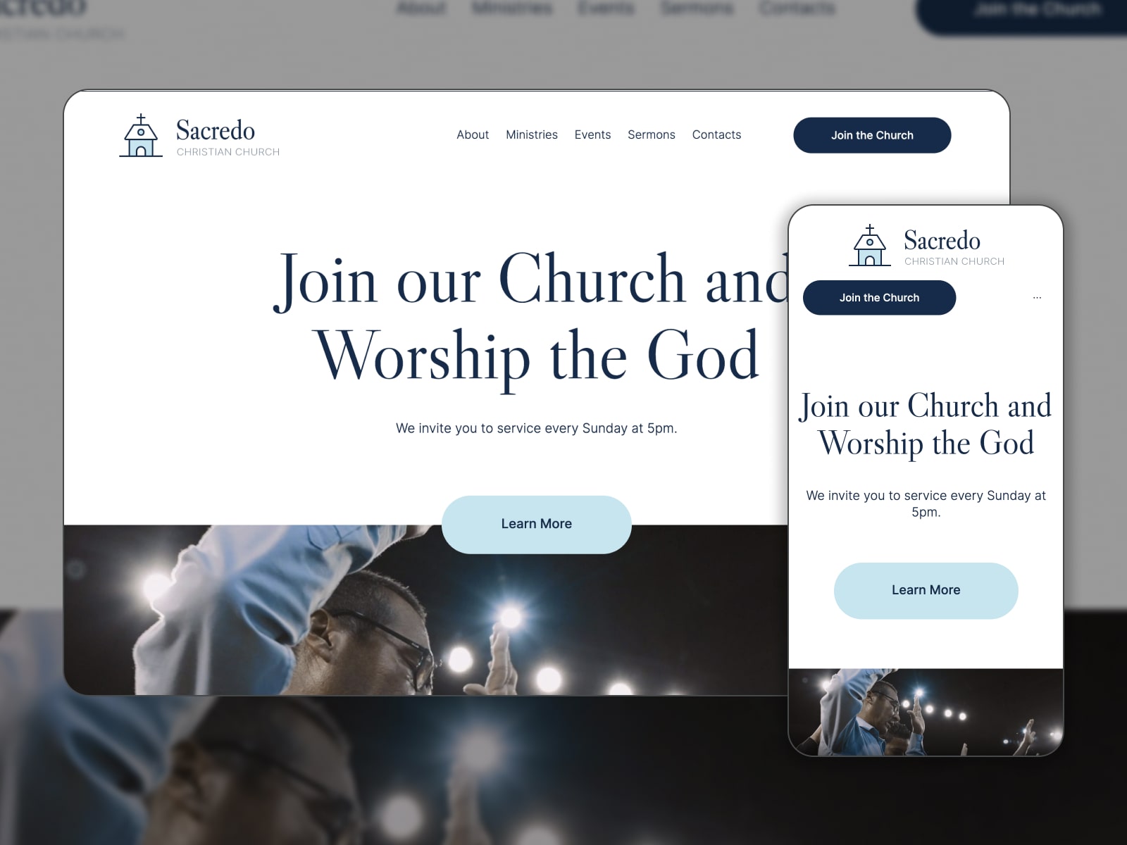 Collage of a churches WordPress website in dark blue and white colors built with the Sacredo theme.