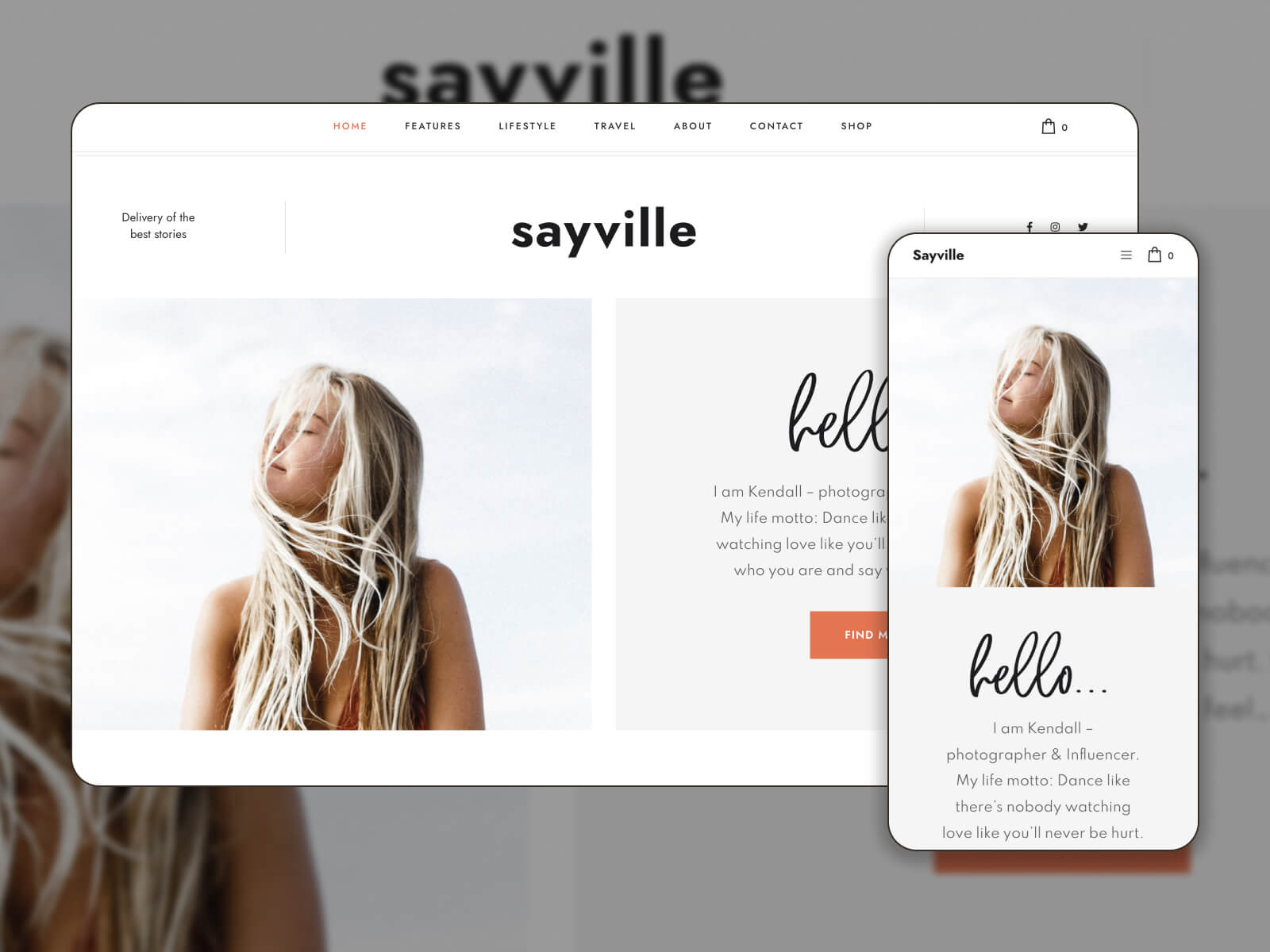 Collage of the Sayville, one of the best Elementor blog templates in a professional and sophisticated white and shadows of grey color scheme.
