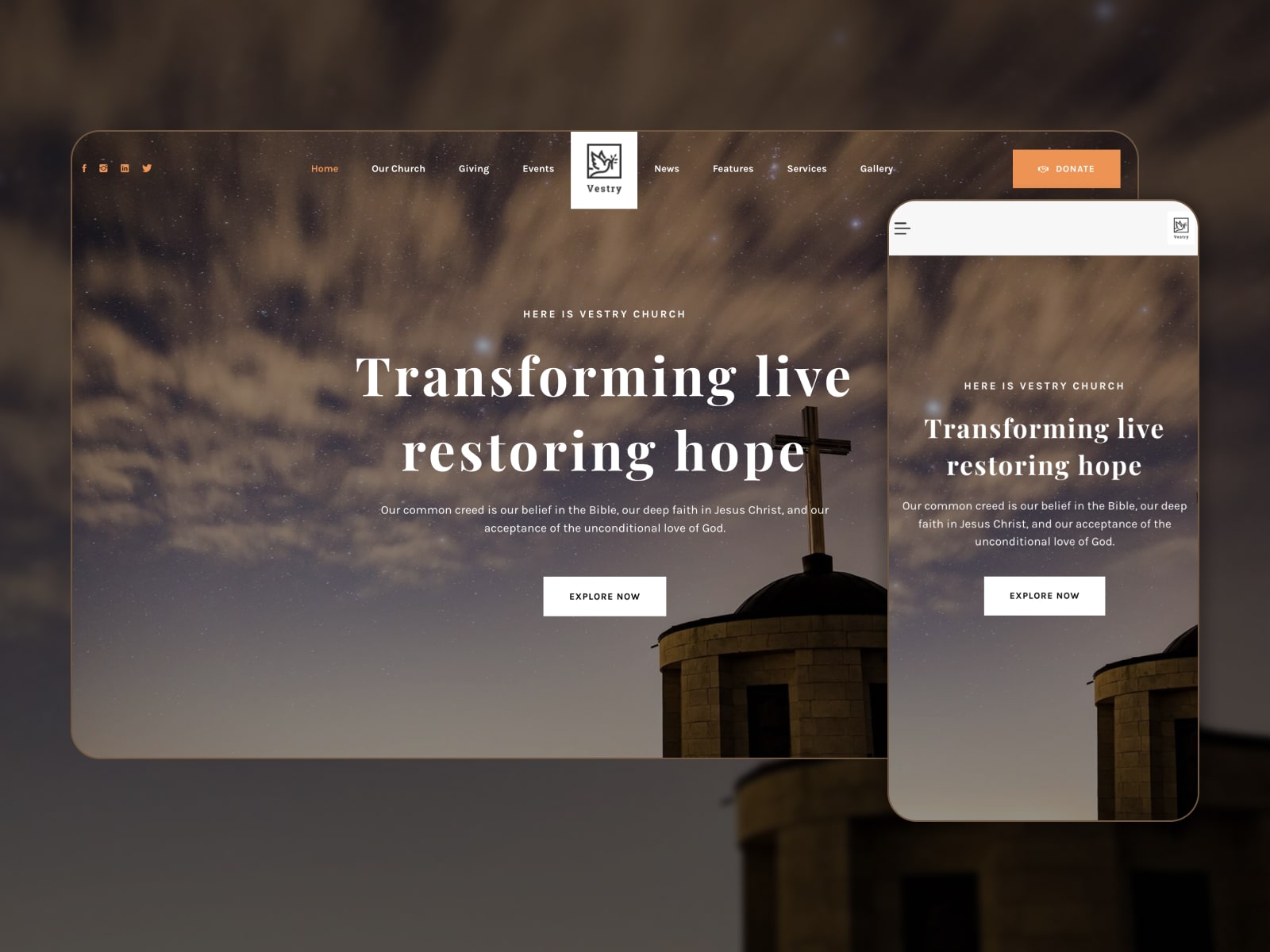 Collage of the Vestry churches WordPress theme demo in brown, blue and white colors.