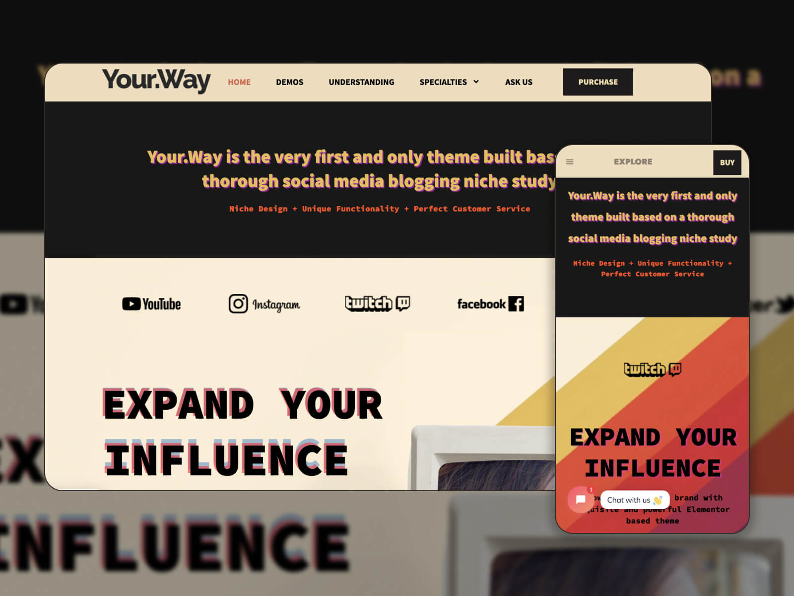 Screenshot of the YourWay theme, one of the best Elementor blog templates in a striking black and light pink color palette.