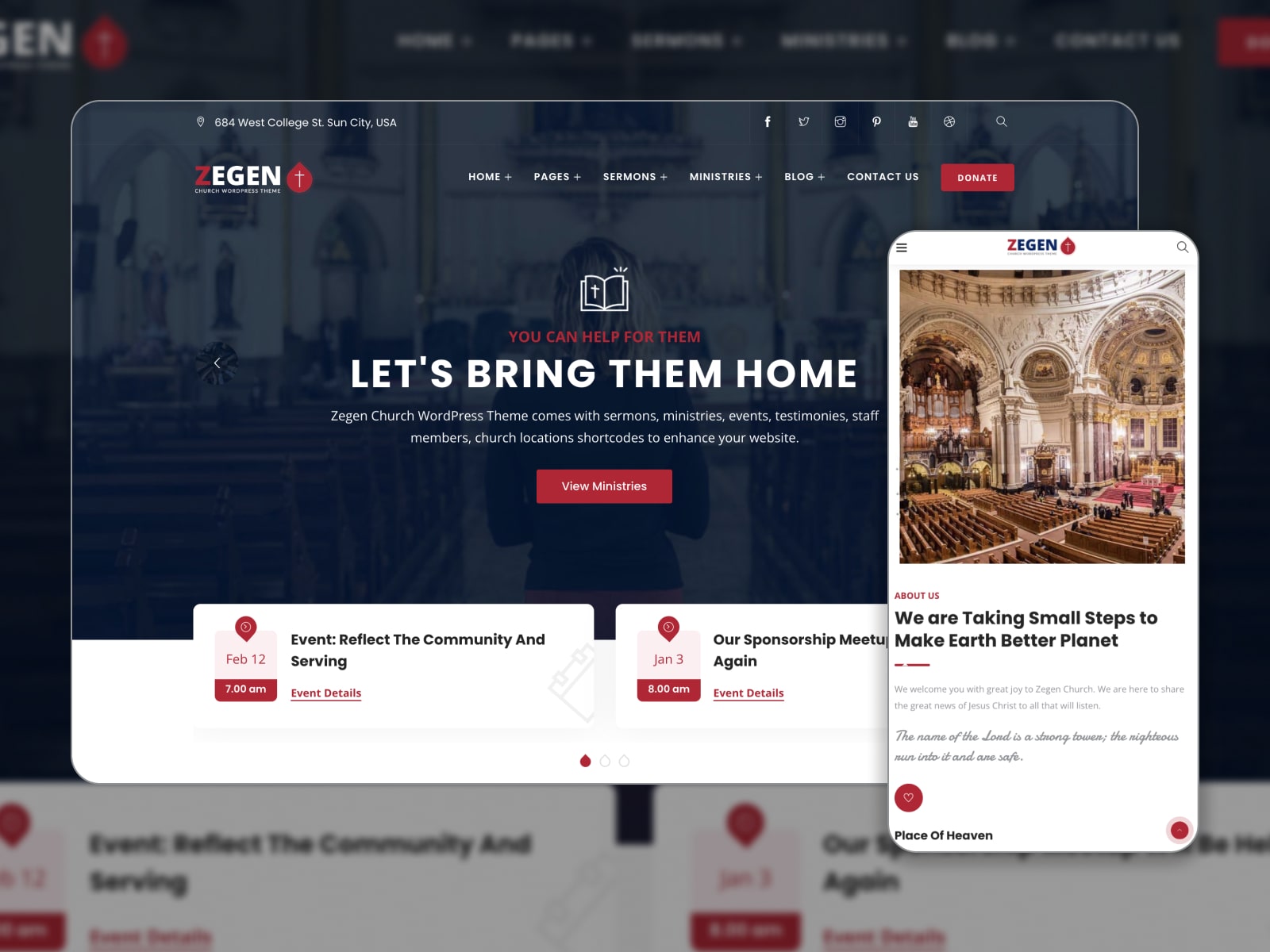 Collage of the Zegen WordPress church theme in dark blue, brown and white colors.