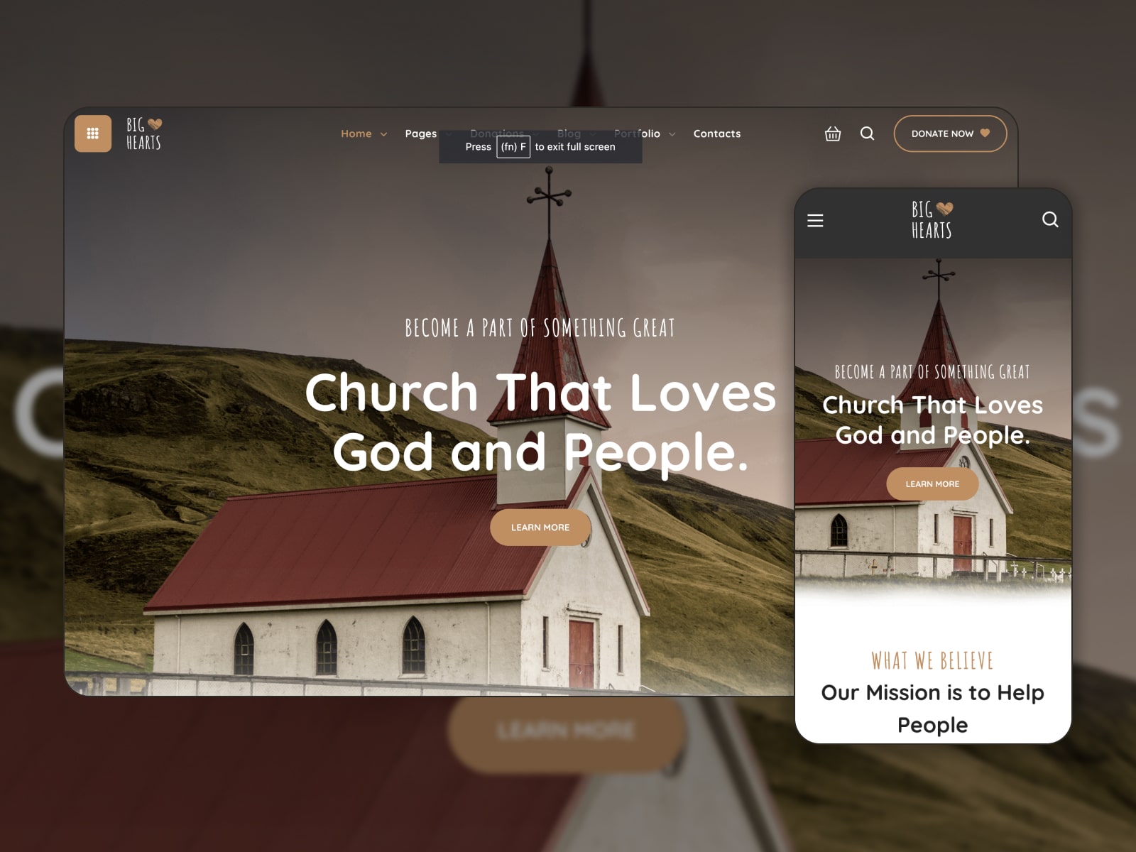 Collage of the Bighearts church website built with WordPress.