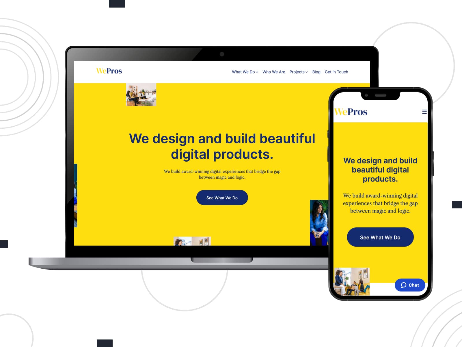 Collage of the WePros gutenix digital agency WordPress theme in yellow and black colors.