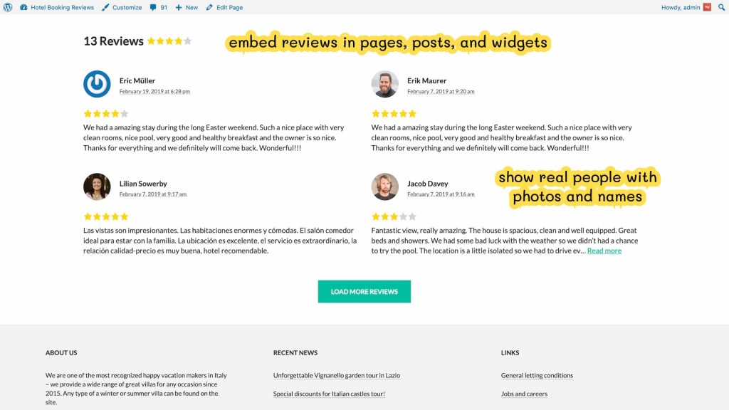 embed reviews in pages, posts and widgets