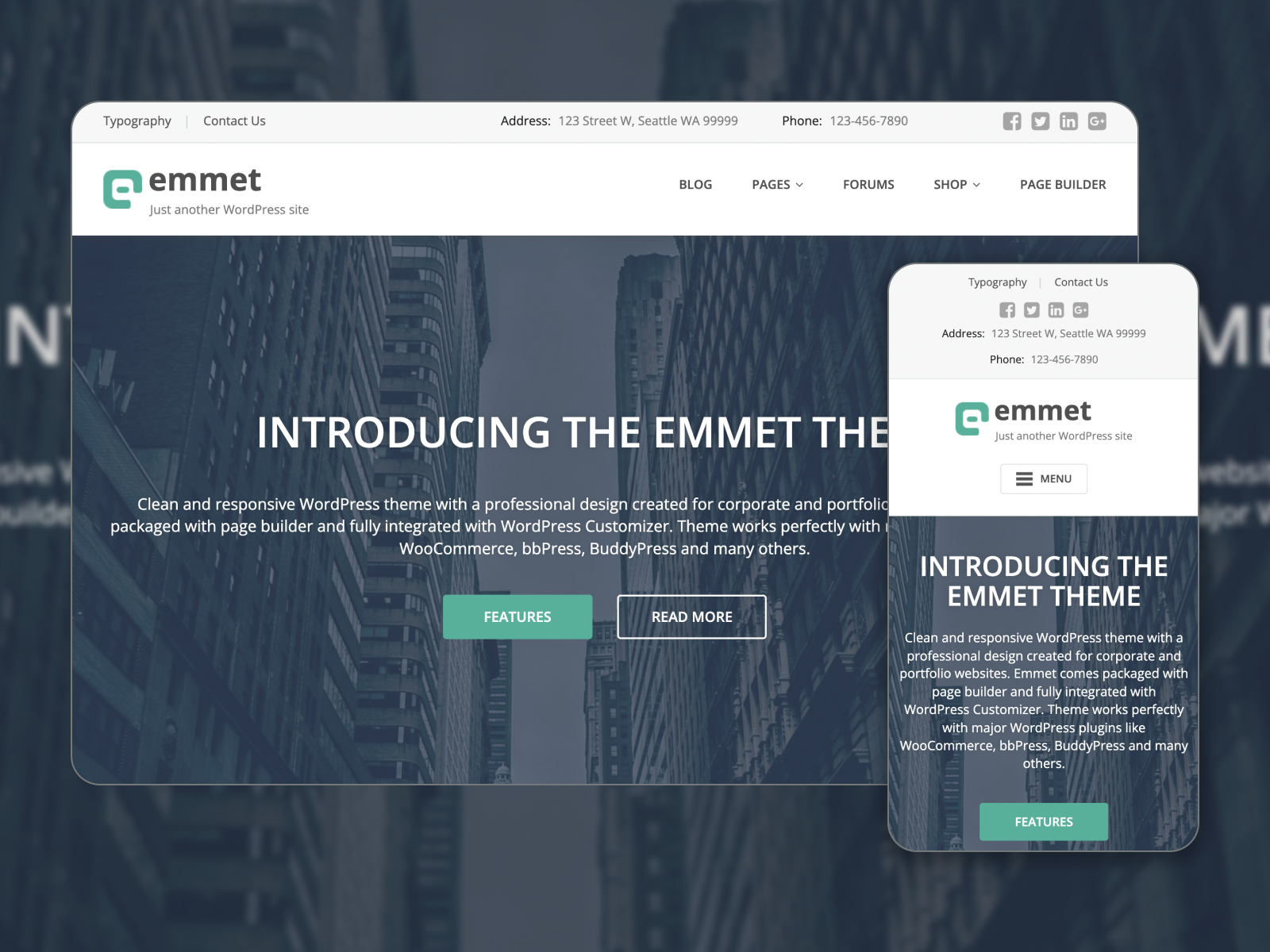 Collage of Emmet Lite - clean one page WordPress template in light color schema