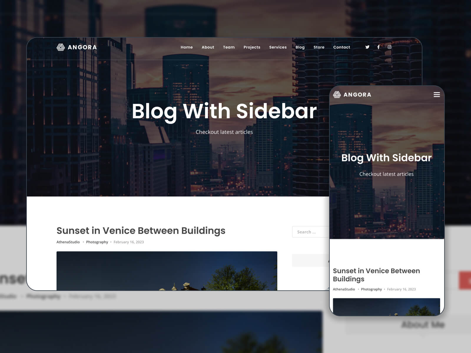 Collage of the Angora sleek one page WordPress theme in dark color scheme
