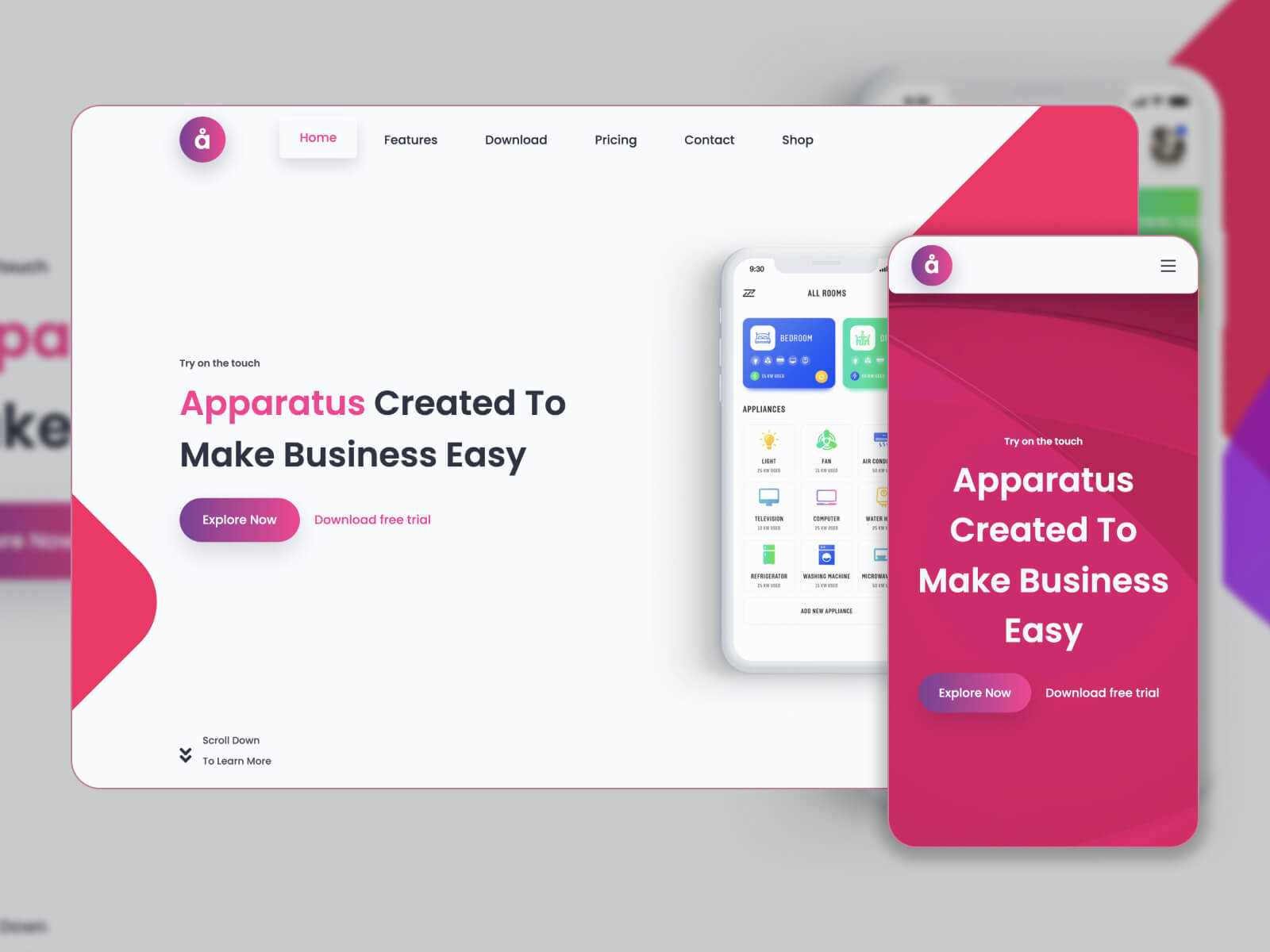 Image of the Apparatus WP one page business template in white and pink color scheme