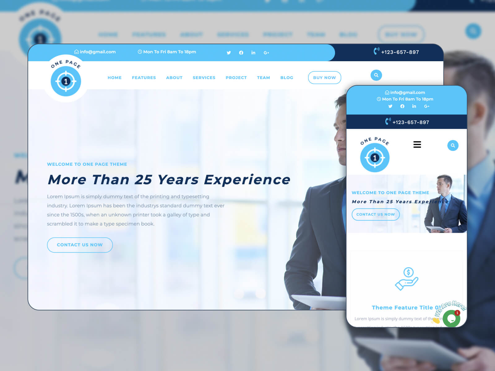 Picture of the Safha One Page WordPress one page theme in blue and white color scheme