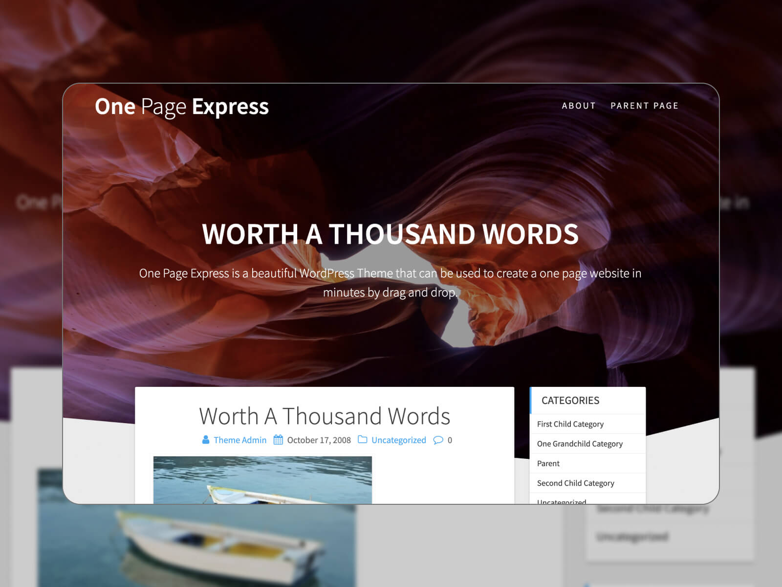 Image of the One Page Express professional one page WP template in bold color scheme