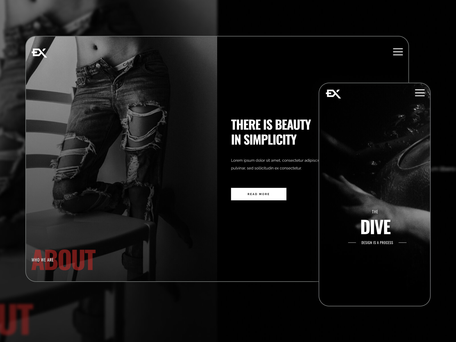 Collage of the Dive portfolio one page WordPress theme in dark hues