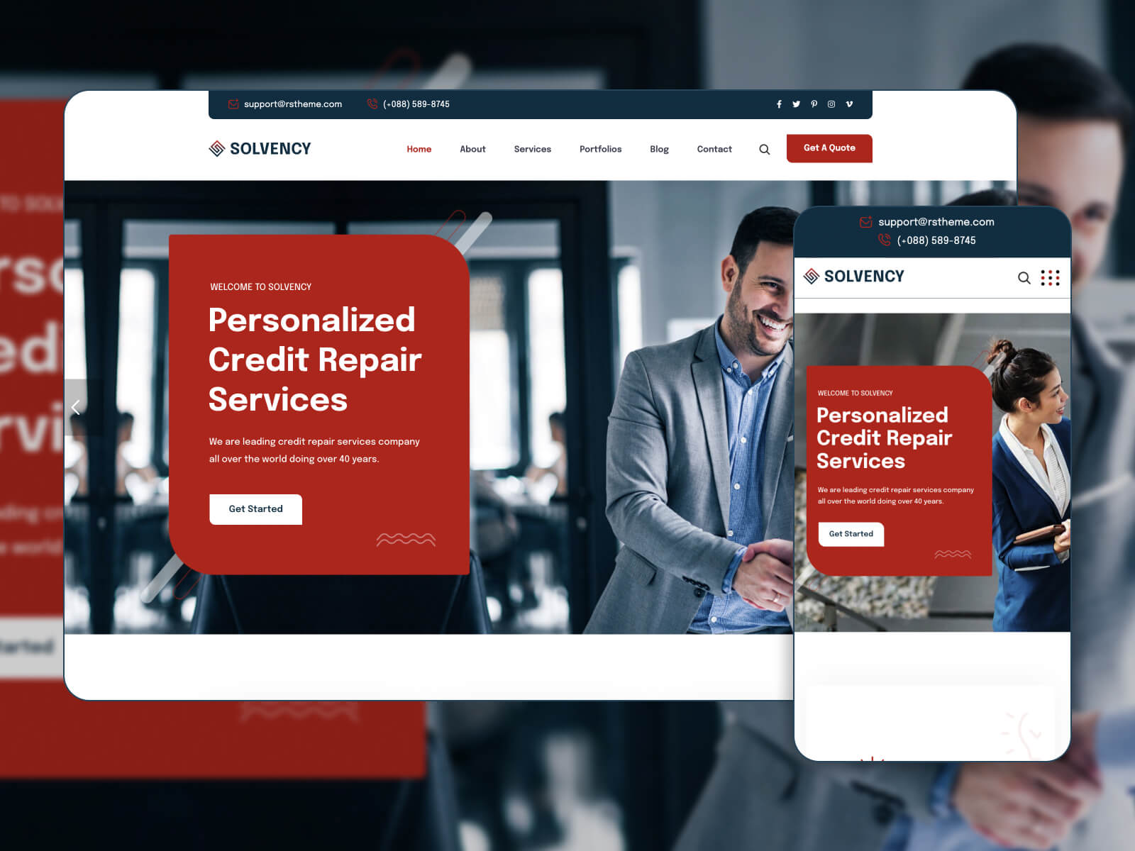 Picture of the Solvency minimal one page WordPress theme in red and white color scheme